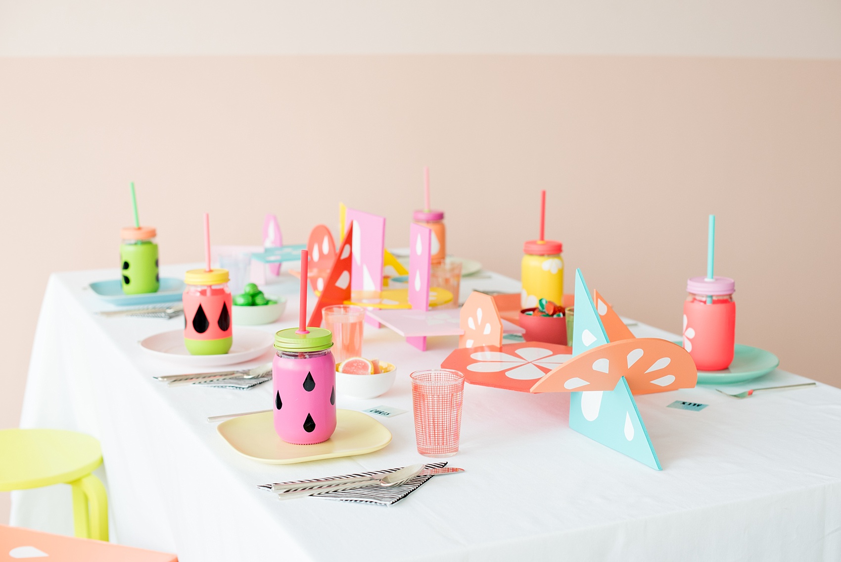 Mikkel Paige Photography photos of a Tutti Frutti theme birthday party. Featured on Martha Stewart. Picture of the kids party table by Michelle Bablo. Coordination by Color Pop Events.
