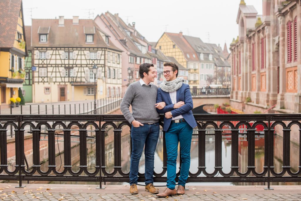 Mikkel Paige Photography pictures of an engagement session in Colmar, France in the Alsace region. Photo of a same sex couple in Little Venice.