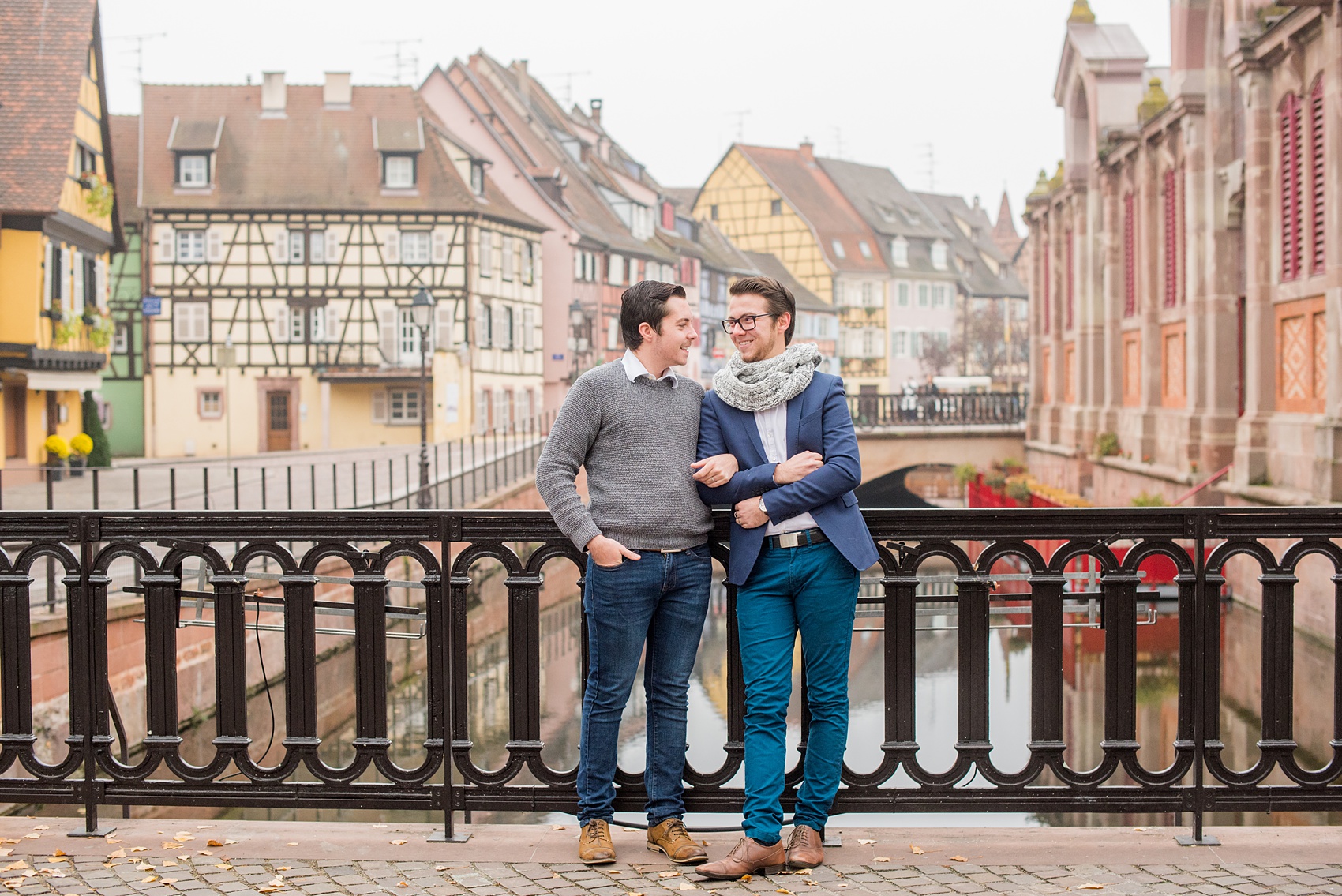 Mikkel Paige Photography pictures of an engagement session in Colmar, France in the Alsace region. Photo of a same sex couple in Little Venice.