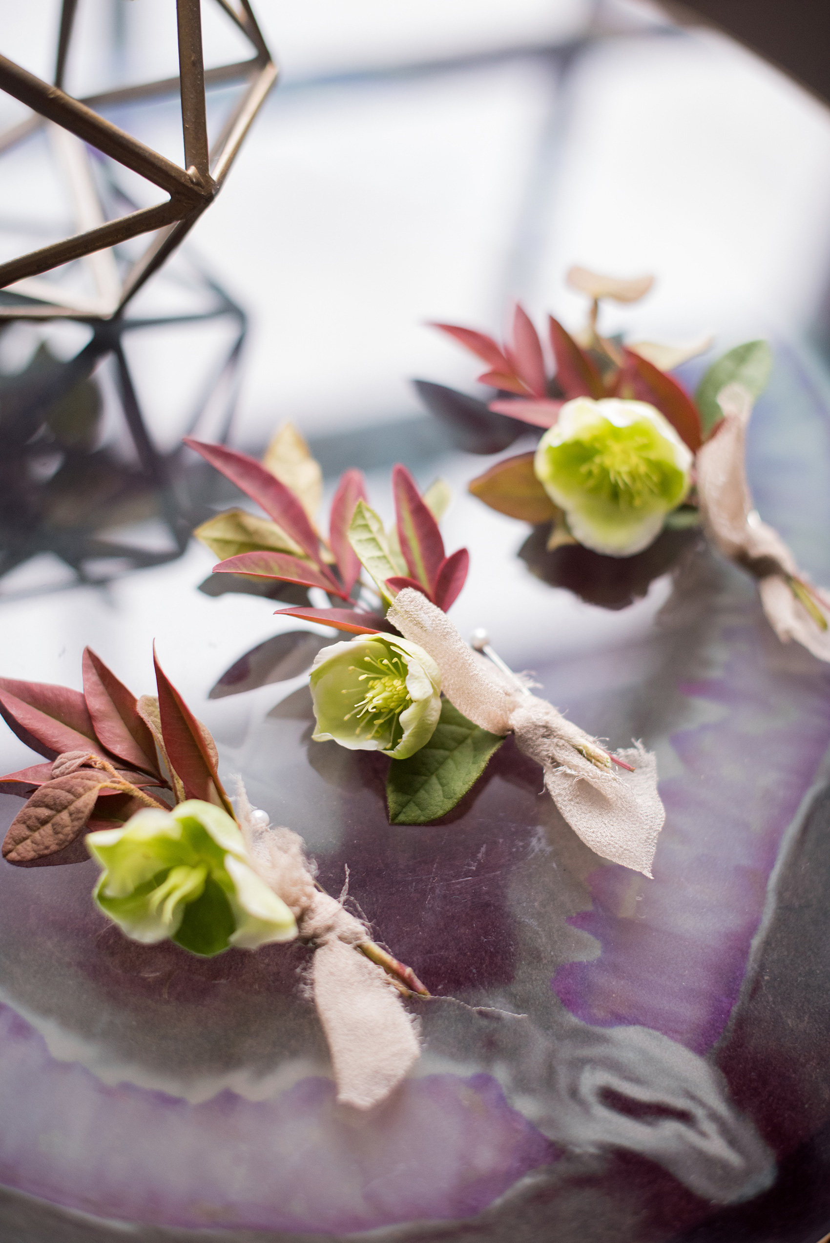 Mikkel Paige Photography photos from a wedding at Leslie-Alford Mims House in North Carolina. Detail picture of the groomsmen's Hellebores boutonnieres with fall foliage and silk ribbon.