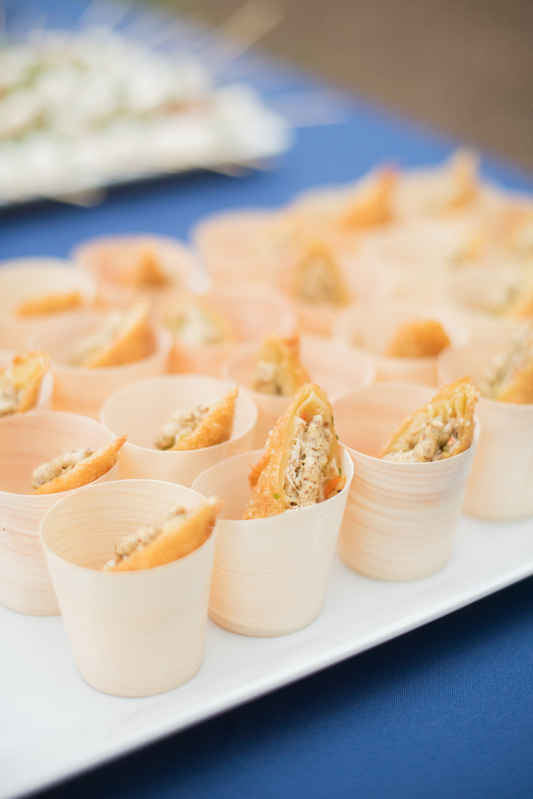 Mikkel Paige Photography photos from a wedding at Leslie-Alford Mims House in North Carolina. Picture of the bamboo cups with egg rolls by Belle's Catering for an hors d'oeuvres reception.