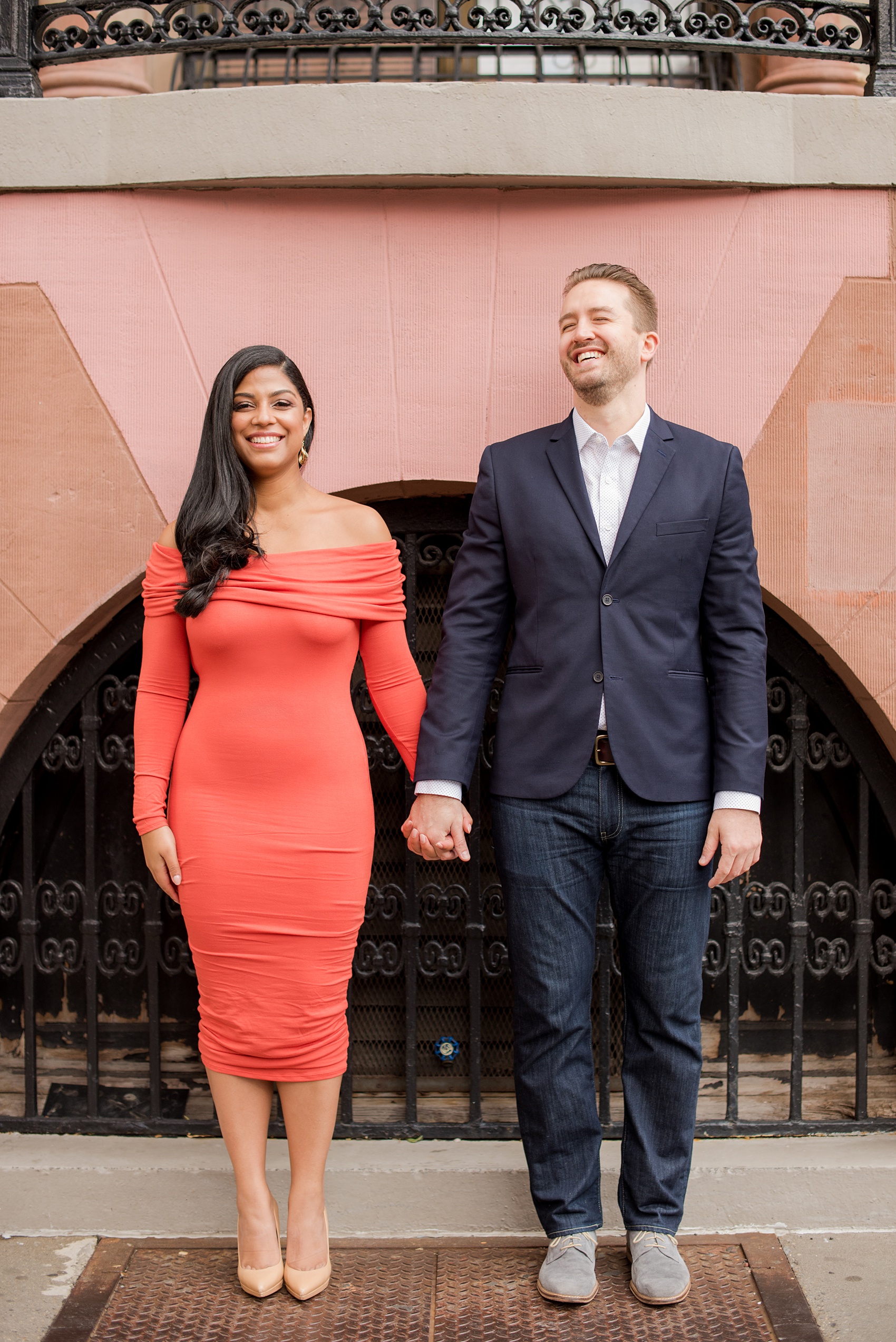 Mikkel Paige Photography pictures of an engagement session in Tribeca. A photo of the couple with great architecture.