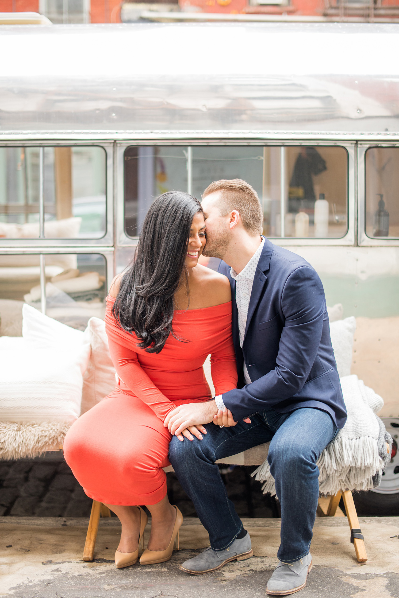 Mikkel Paige Photography pictures of an engagement session in Tribeca. A photo of the couple with an airstream in NYC.