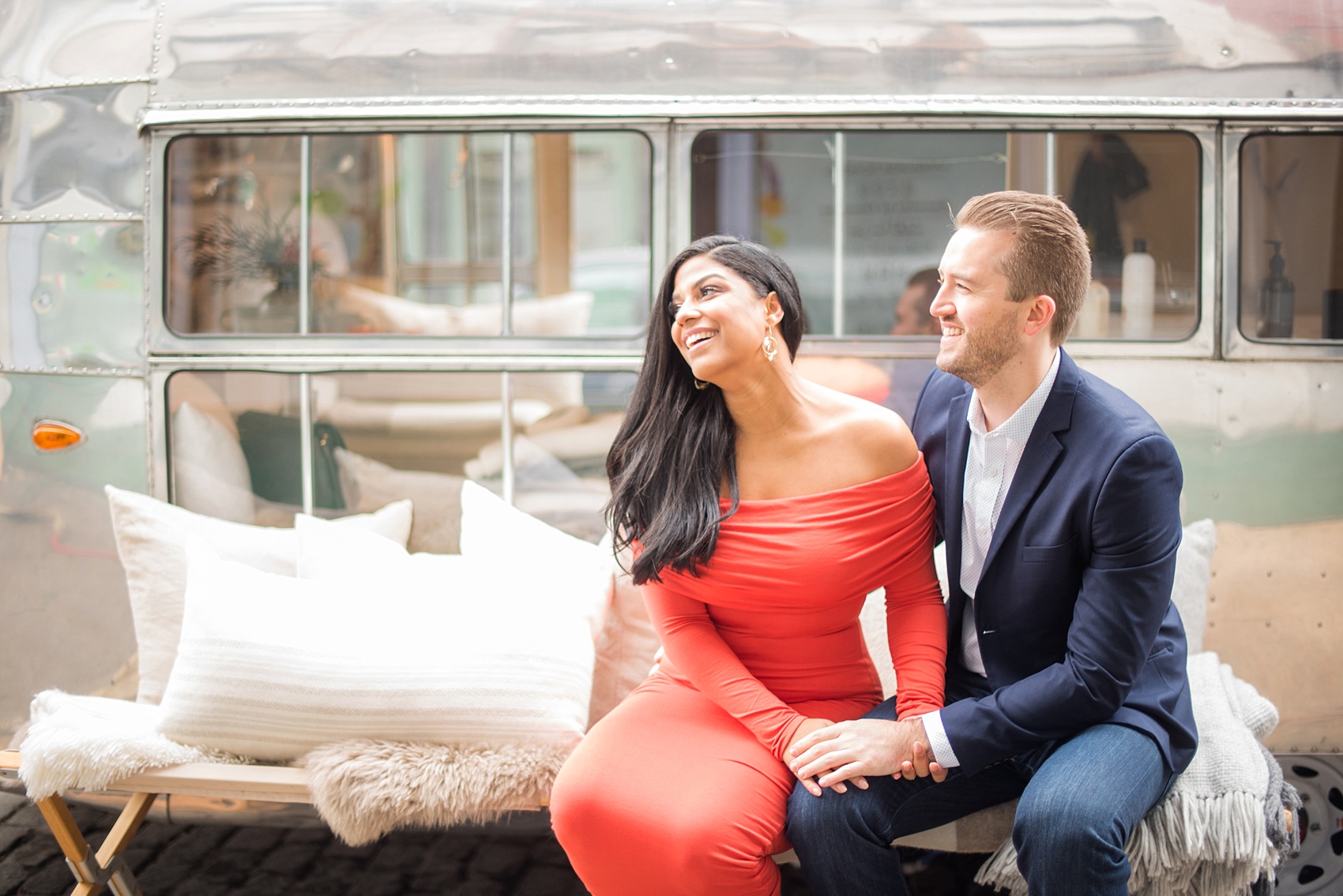 Mikkel Paige Photography pictures of an engagement session in Tribeca. A photo of the couple with an airstream in NYC.