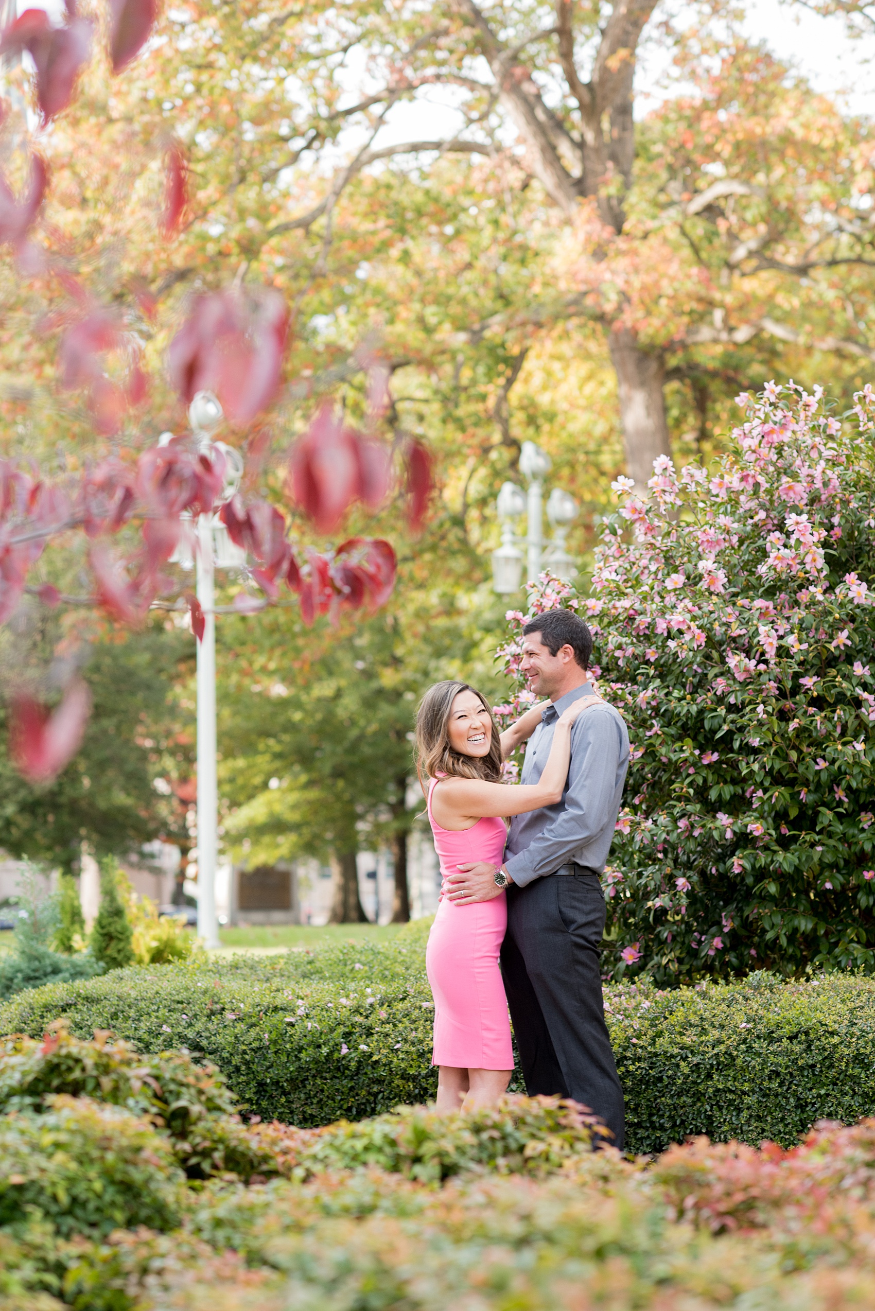 Colorful photos during a fall, autumn season engagement session. Taken by Mikkel Paige Photography in an urban city setting. Click through to see more from this vibrant, unique photography session.