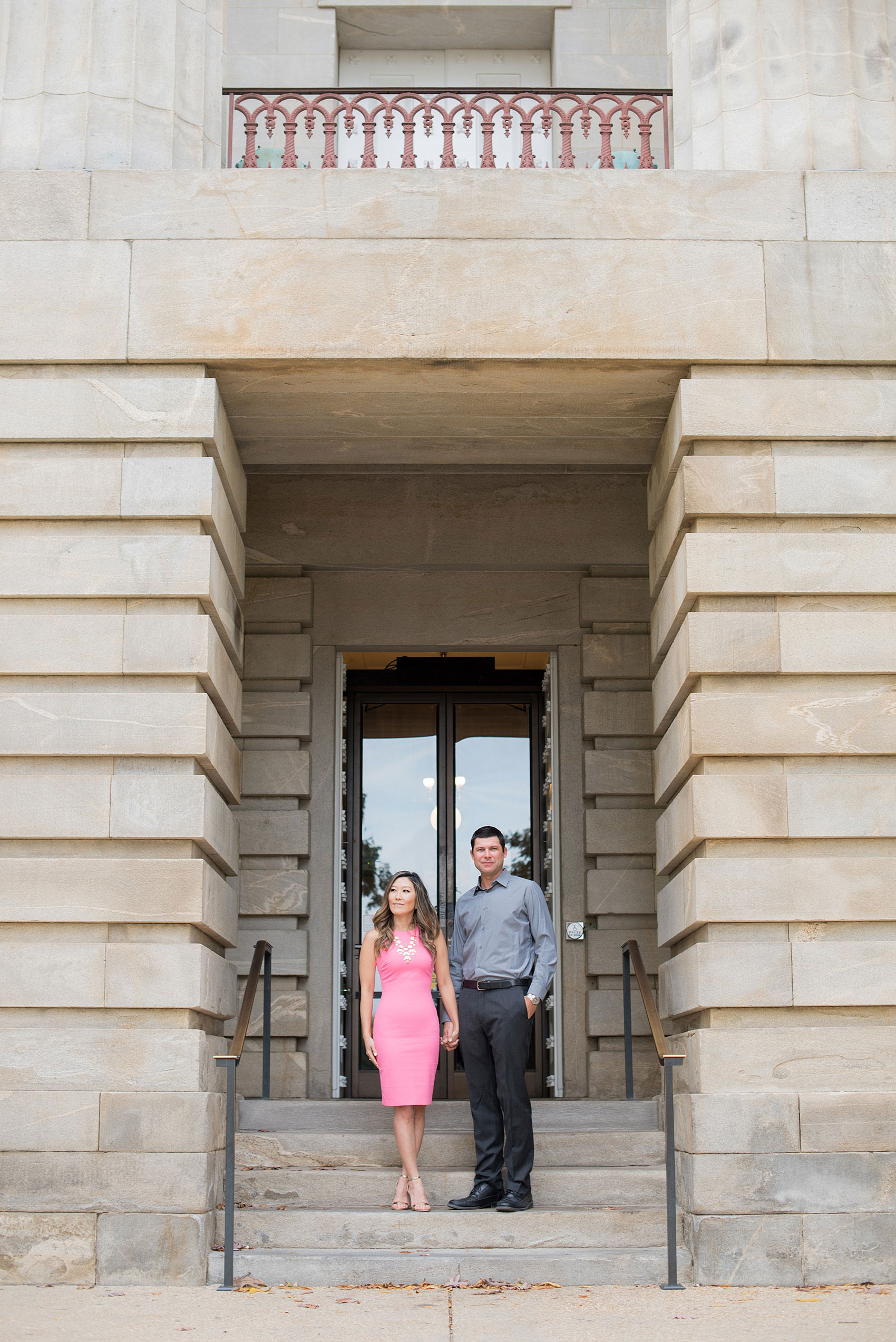 Colorful photos during a fall, autumn season engagement session. Grandiose architecture captured at the state capitol. Taken by Mikkel Paige Photography in an urban city setting. Click through to see more from this vibrant, unique photography session.