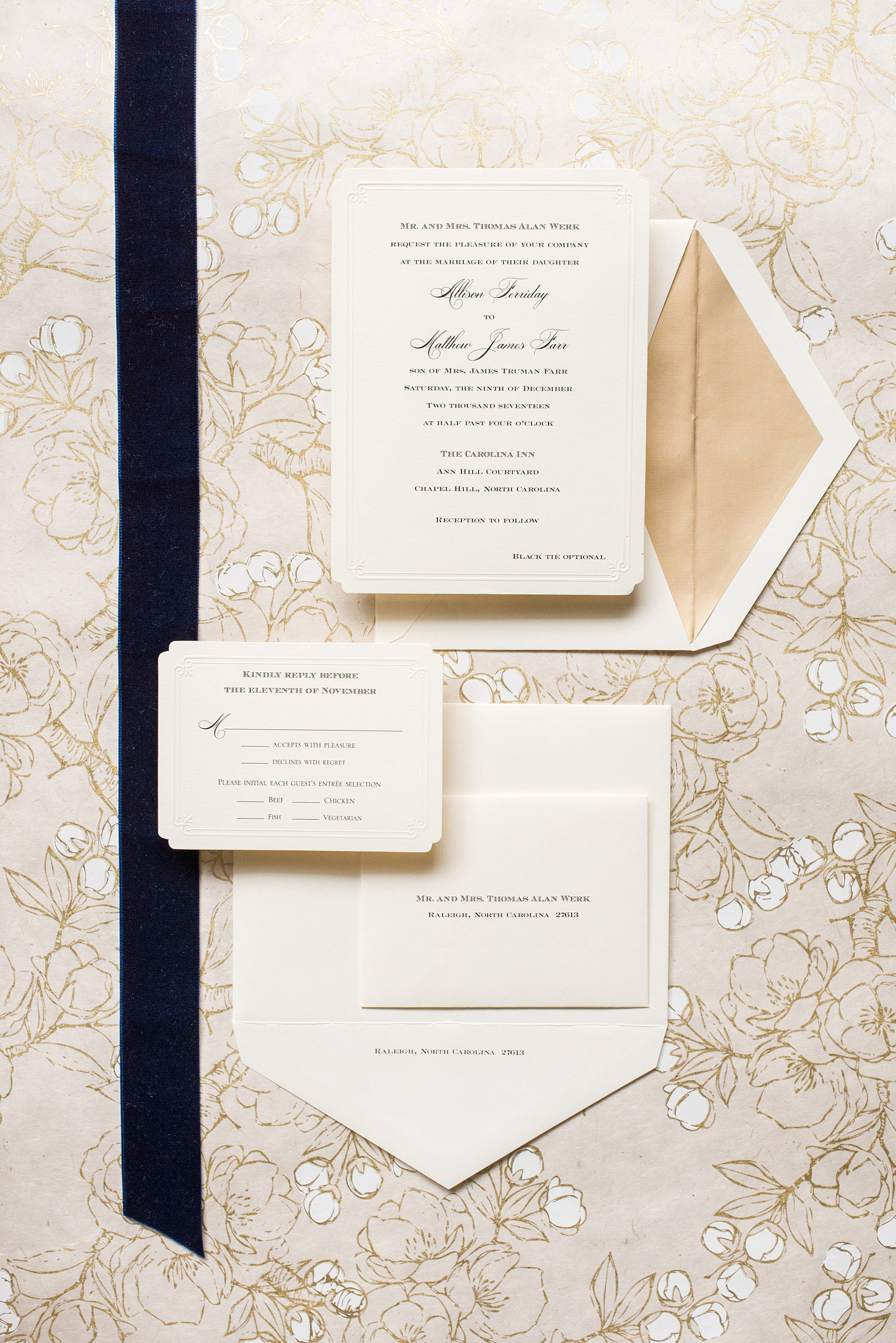 Beautiful wedding photos at The Carolina Inn at Chapel Hill, North Carolina by Mikkel Paige Photography. Image of the couple's classic invitation suite.