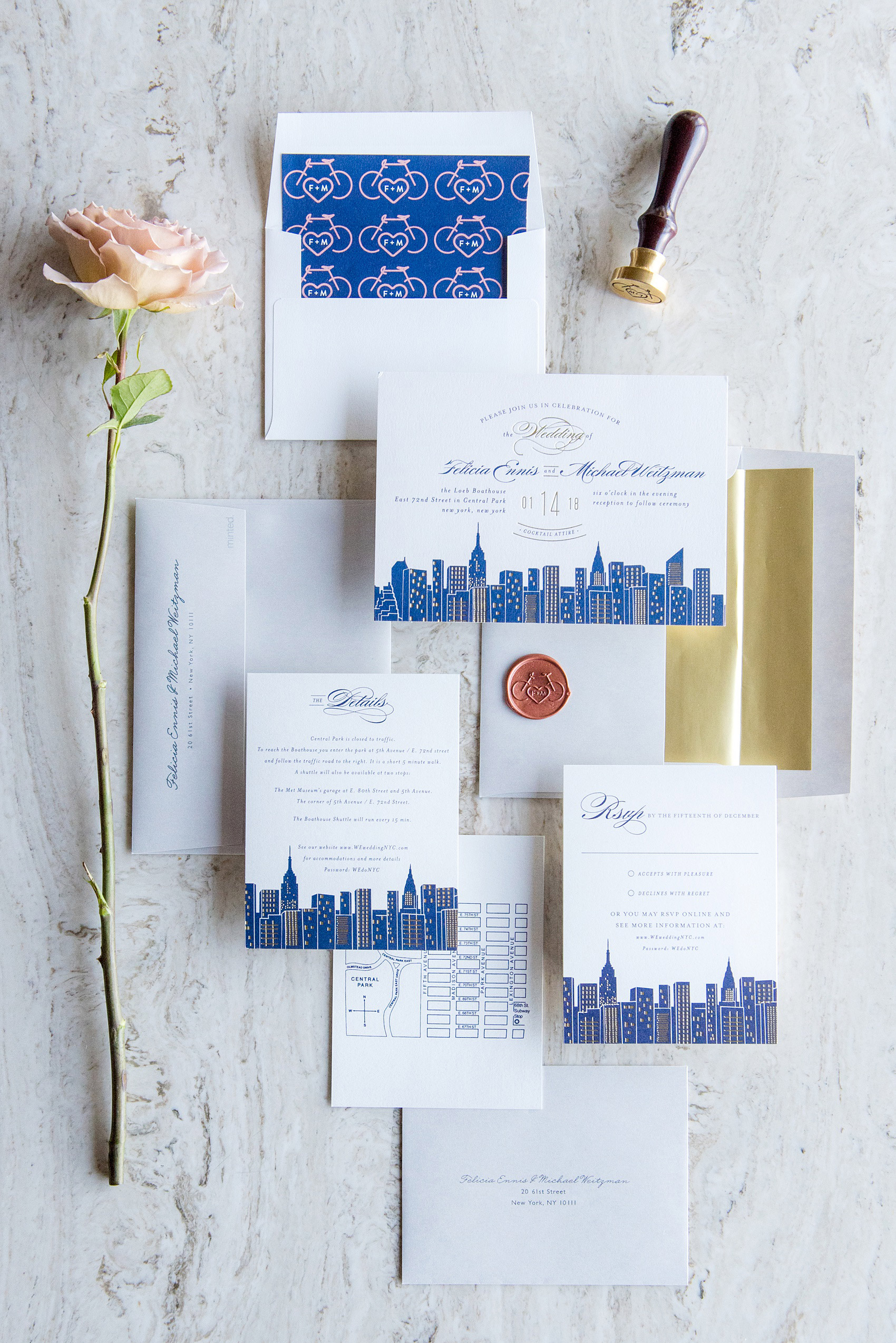 Photos by Mikkel Paige Photography of a Central Park Wedding ceremony and reception at the Loeb Boathouse venue with a romantic theme. Their Manhattan Skyline invitation echoed the colors of the wedding. Click through for more images from their day! #CentralParkWedding