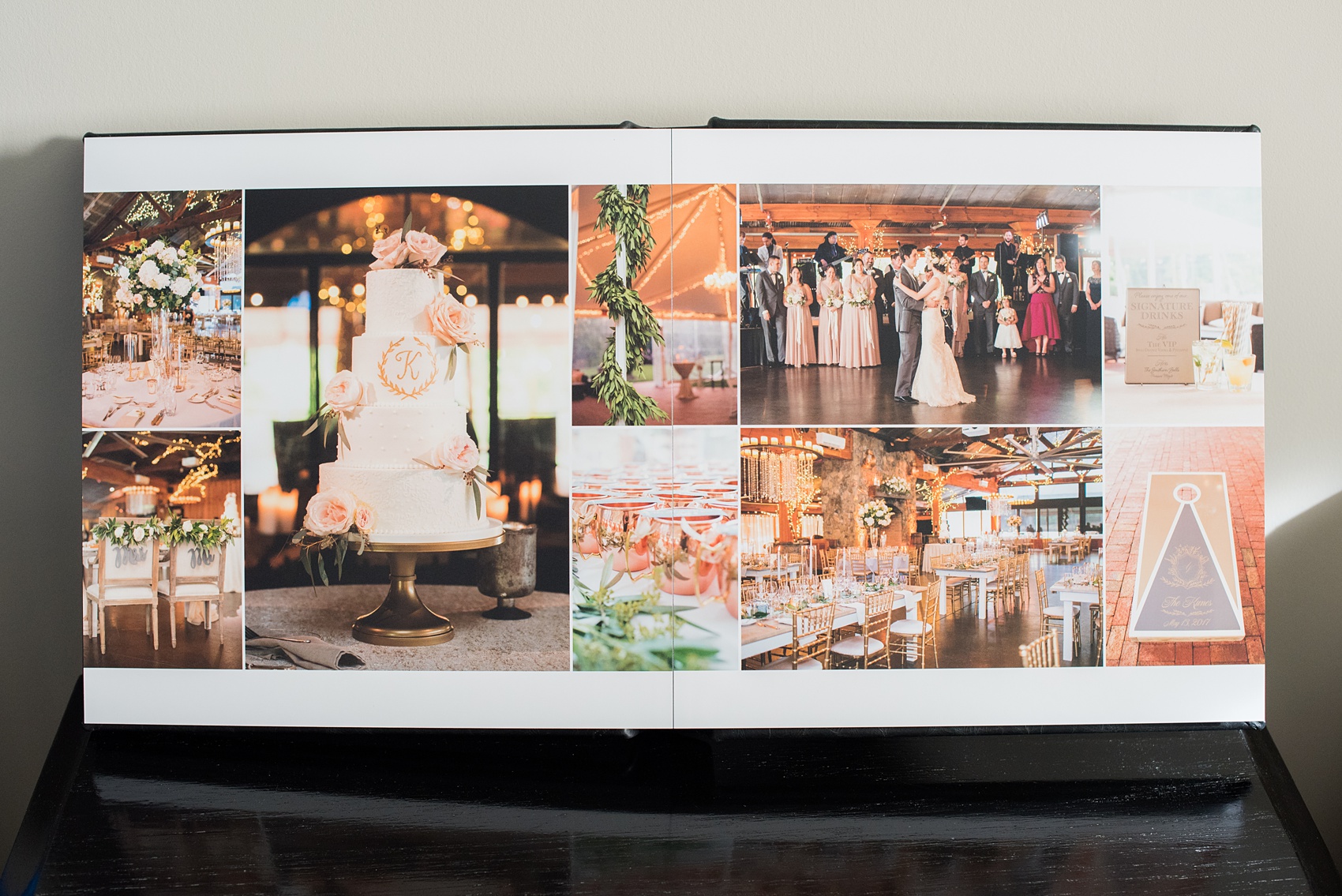 Images of a black calf leather fine art wedding album from Mikkel Paige Photography, a Raleigh, NC photographer. Photo shows the small distance in the gutter of the images.