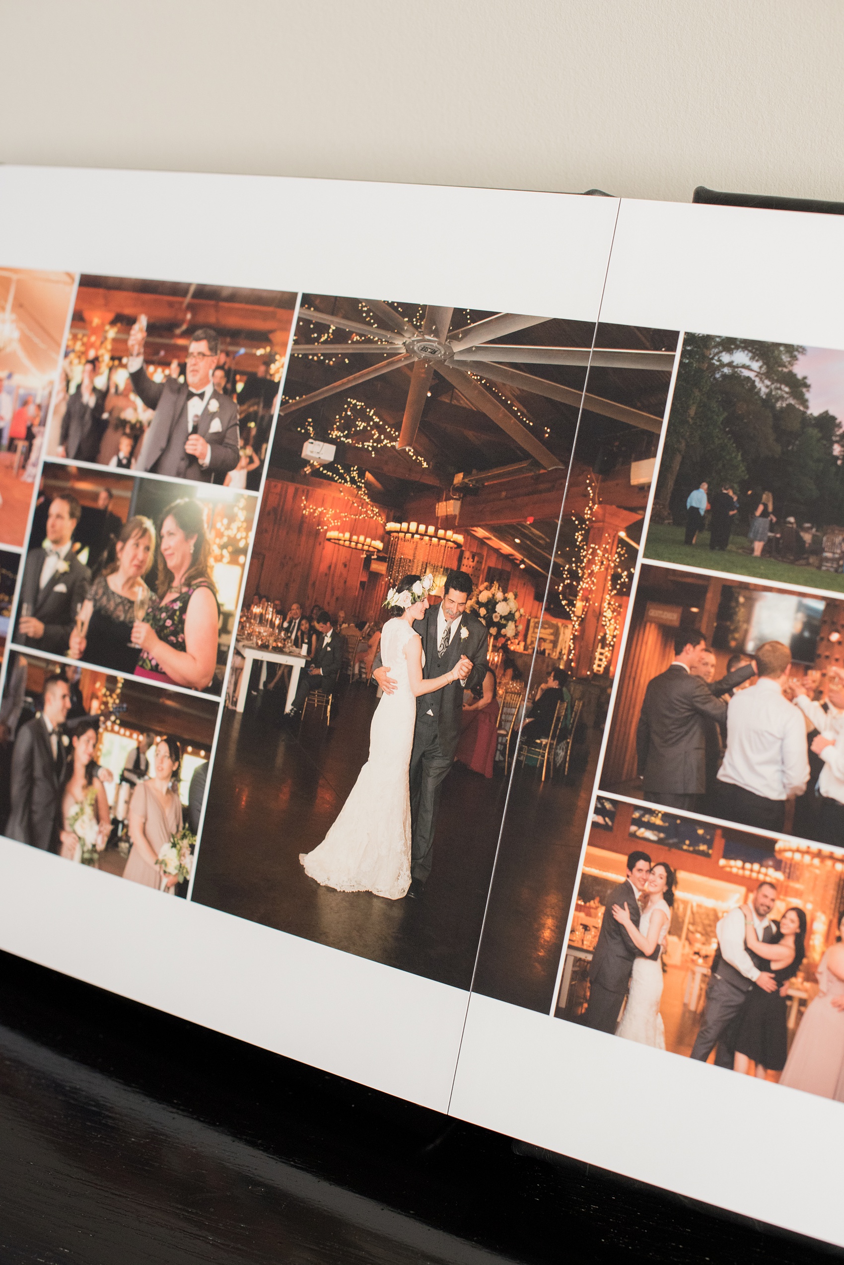 Images of a black calf leather fine art wedding album from Mikkel Paige Photography, a Raleigh, NC photographer. Photo shows the small distance in the gutter of the images.