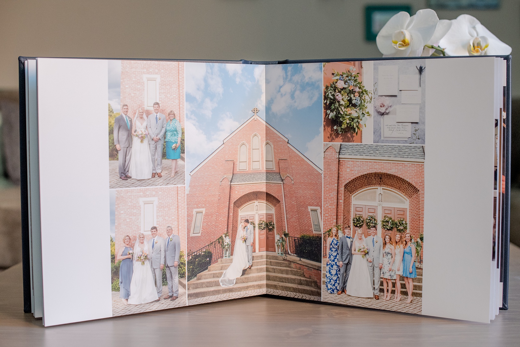 Images of a fine art leather wedding album in navy blue from Mikkel Paige Photography, a Raleigh, NC photographer.
