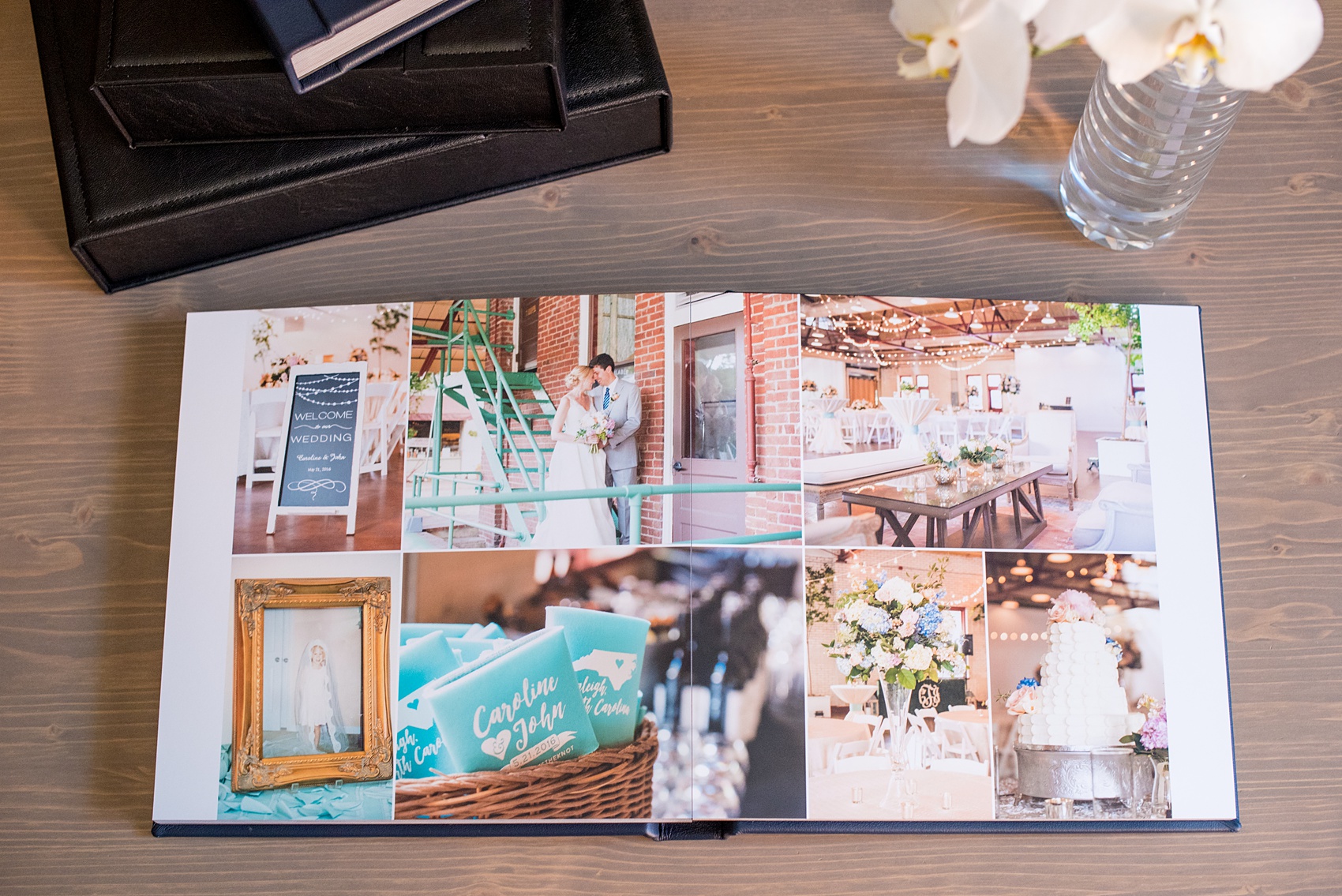 Images of a fine art leather wedding album in navy blue from Mikkel Paige Photography, a Raleigh, NC photographer.