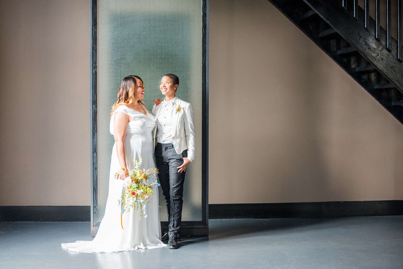 Mikkel Paige Photography images of a wedding at the Green Building in Brooklyn, New York. This same sex, gay marriage styled shoot was created by Color Pop Events.