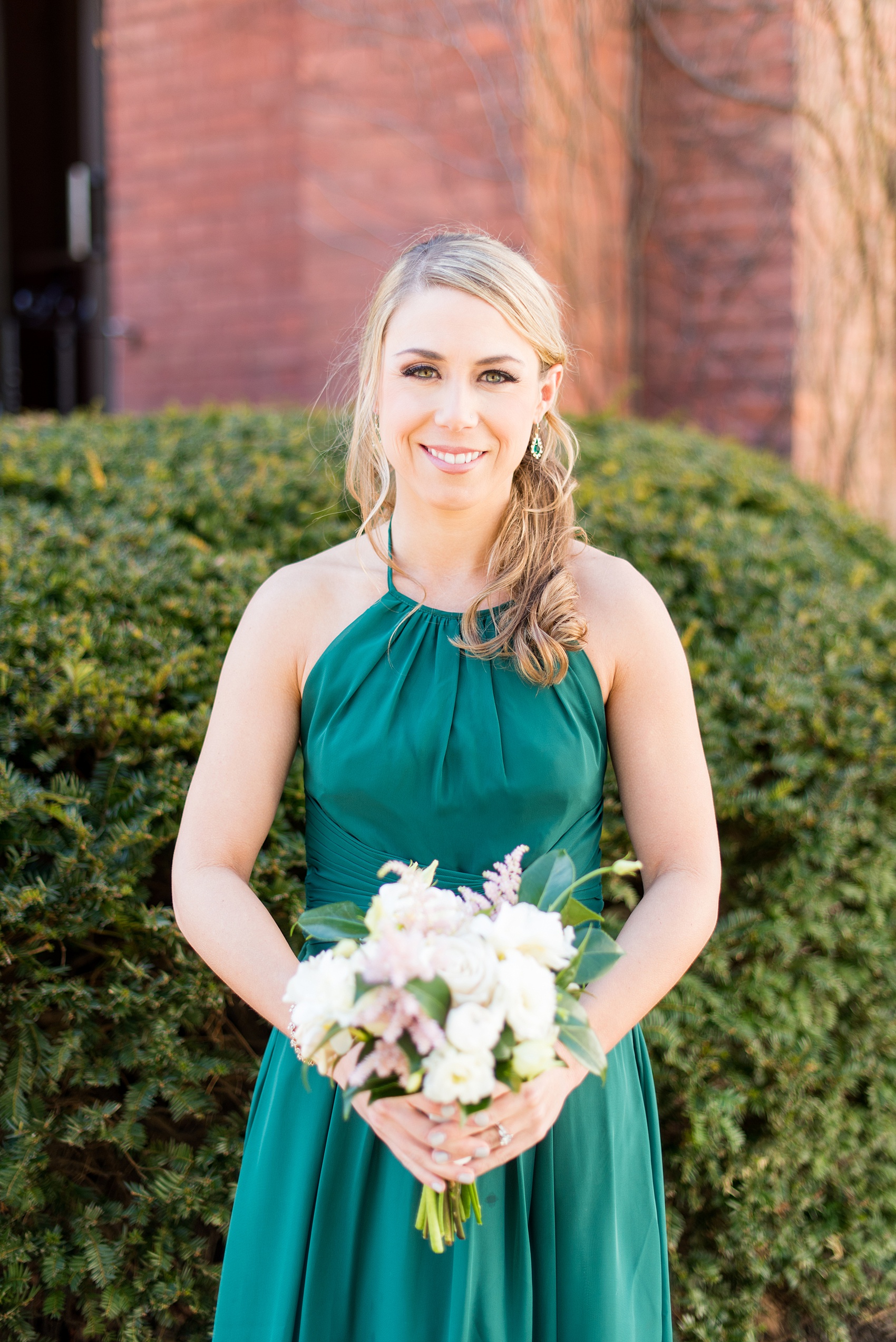 Saratoga Springs destination wedding photos by Mikkel Paige Photography. The bridesmaids wore green gowns and held white and pink bouquets with roses and astilbe at Saratoga National Golf Club venue for a spring celebration. #SaratogaSpringsNY #SaratogaSprings #mikkelpaige #NYwedding #destinationwedding