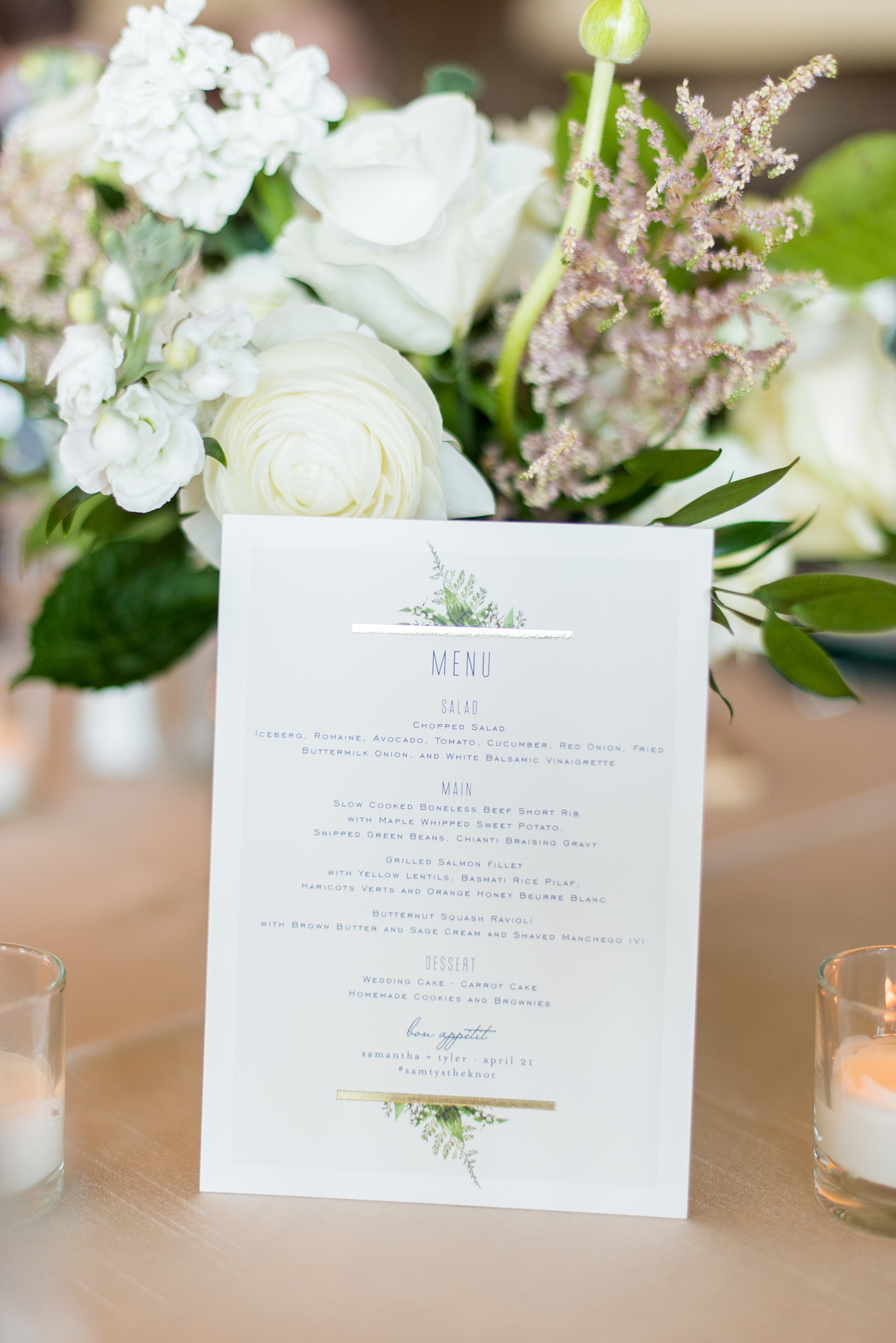 Saratoga Springs destination wedding photos by Mikkel Paige Photography. The spring event was held at Saratoga National Golf Club venue. The reception room was decorated in a green and gold color palette including candlelight and beautiful floral centerpieces. Custom stationery was highlighted throughout the day including menus. #SaratogaSpringsNY #SaratogaSprings #mikkelpaige #NYwedding #destinationwedding #saratogaweddingvenue #golfcoursewedding #customdraping #springwedding