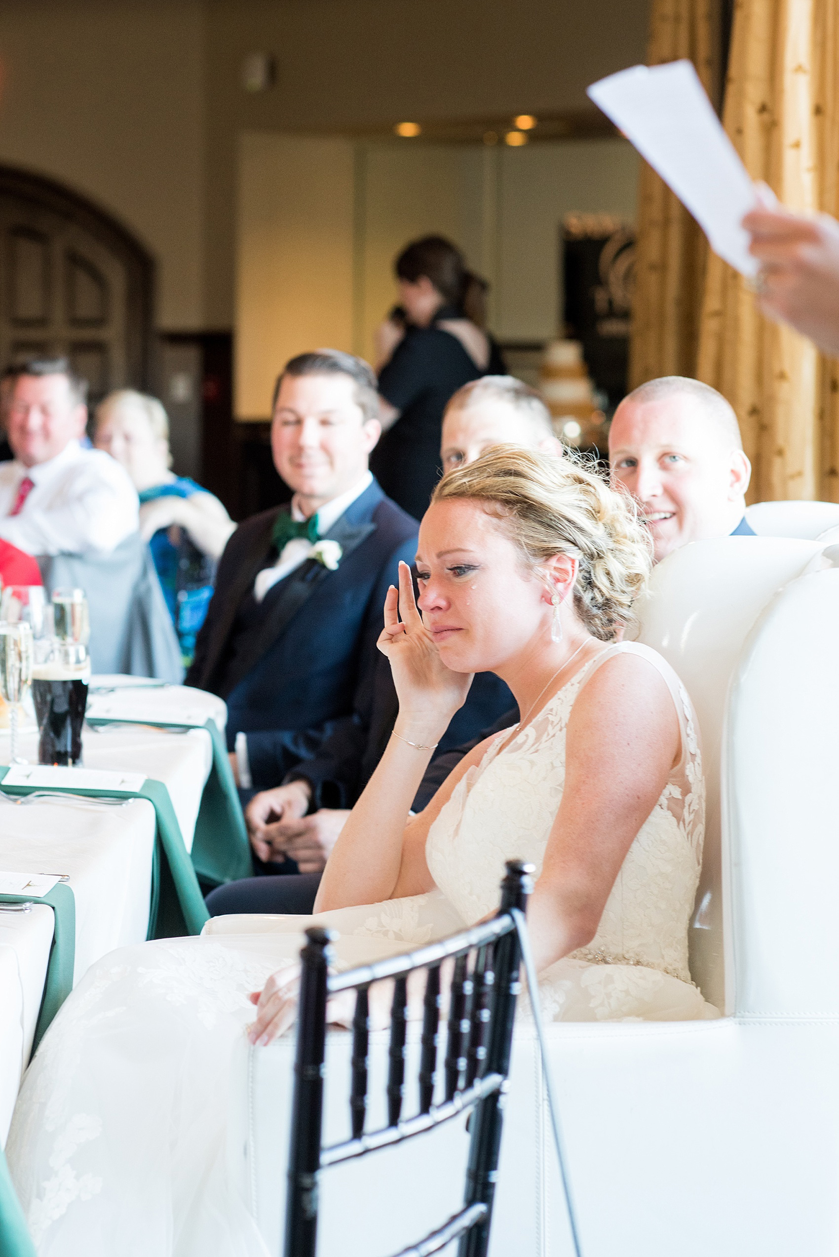 Saratoga Springs destination wedding photos by Mikkel Paige Photography. The spring event was held at Saratoga National Golf Club venue. The father of the bride gave a special speech to the newlyweds during the reception and his daughter listened with emotional tears in her eyes. #SaratogaSpringsNY #SaratogaSprings #mikkelpaige #NYwedding #destinationwedding #saratogaweddingvenue #golfcoursewedding #fatherofthebride #springwedding