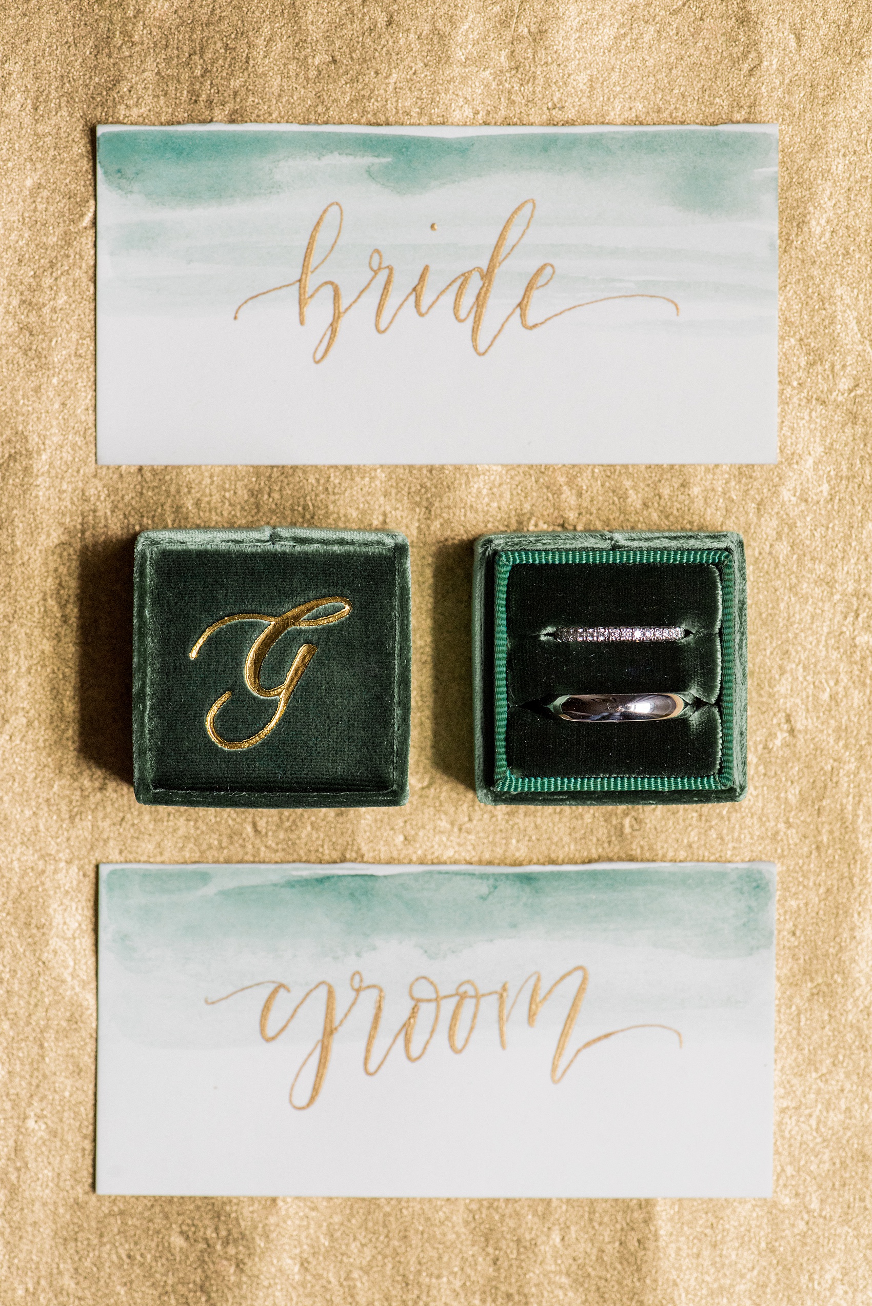 Photos from Saratoga Springs, New York by Mikkel Paige Photography. This detail picture shows the "bride and groom" gold calligraphy and dark green watercolor escort cards with a Mrs. Box in hunter green velvet containing their wedding bands for their spring wedding. #SaratogaSprings #golfcoursewedding #SaratogaSpringsNY #SpringWedding 