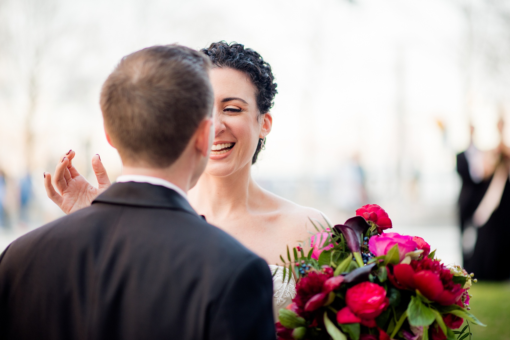 W Hoboken wedding photos by Mikkel Paige Photography at this NJ venue. Pictures in this well known New Jersey city with a view of the NYC skyline. The bride and the groom wore romantic colors including burgundy, fuchsia, red and classic black. Flowers by Sachi Rose Design. #mikkelpaige #HobokenWedding #NewJerseyPhotographer #NewYorkCityPhotographer #NYCweddingphotographer #brideandgroomphotos #redpeonies #romanticwedding #springwedding #CityWedding