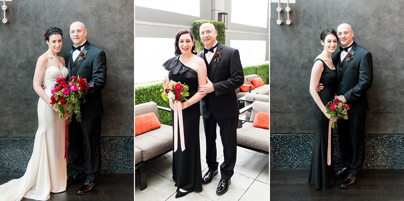 W Hoboken wedding photos by Mikkel Paige Photography at this New Jersey venue close to NYC. The father of the bride took a photo with each of his three daughters on a special wedding day, of his middle child. #mikkelpaige #HobokenWedding #NewJerseyPhotographer #NewYorkCityPhotographer #NYCweddingphotographer #brideandgroomphotos #redpeonies #romanticwedding #springwedding #CityWedding
