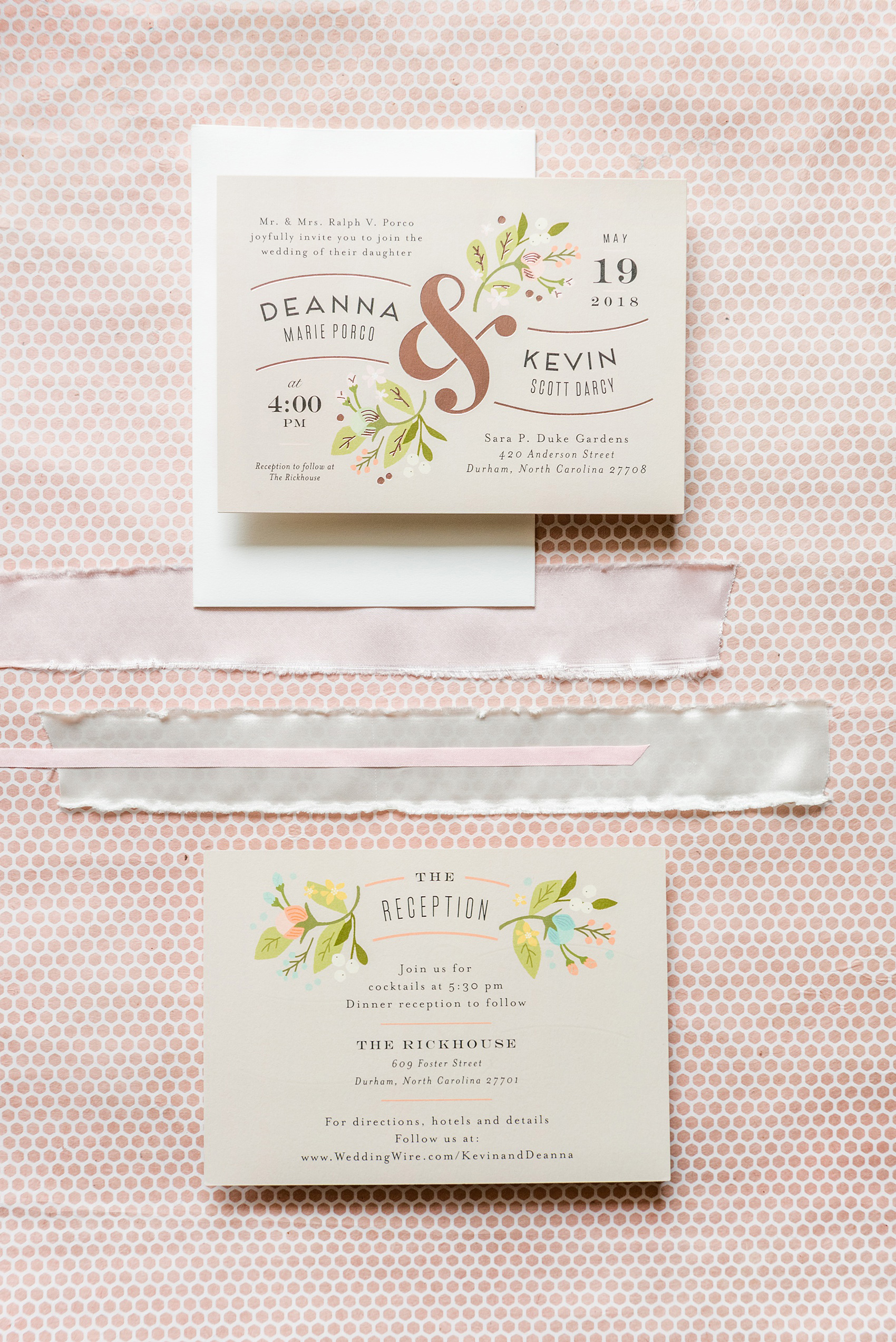 The Rickhouse wedding photos by Mikkel Paige photography in Durham, North Carolina. This urban venue has all the charm of the south for this bride and groom's spring wedding! The bride and groom's invitation is pictured, with copper foil. Click to see more from their day! #mikkelpaige #northcarolina #southernwedding #TheRickhouseDurham #rosegoldandpink #weddinginvitation