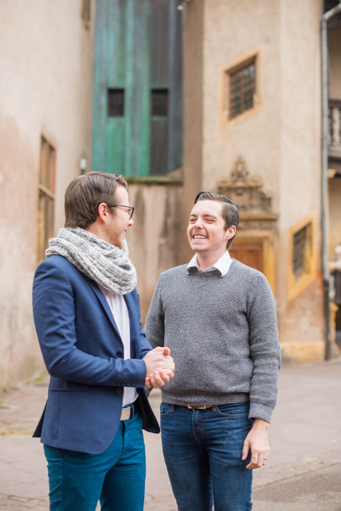Engagement couples session with a gay male couple in Colmar, France. Photos by Mikkel Paige Photography in this fairy tale village in the Alsace region of the European country.