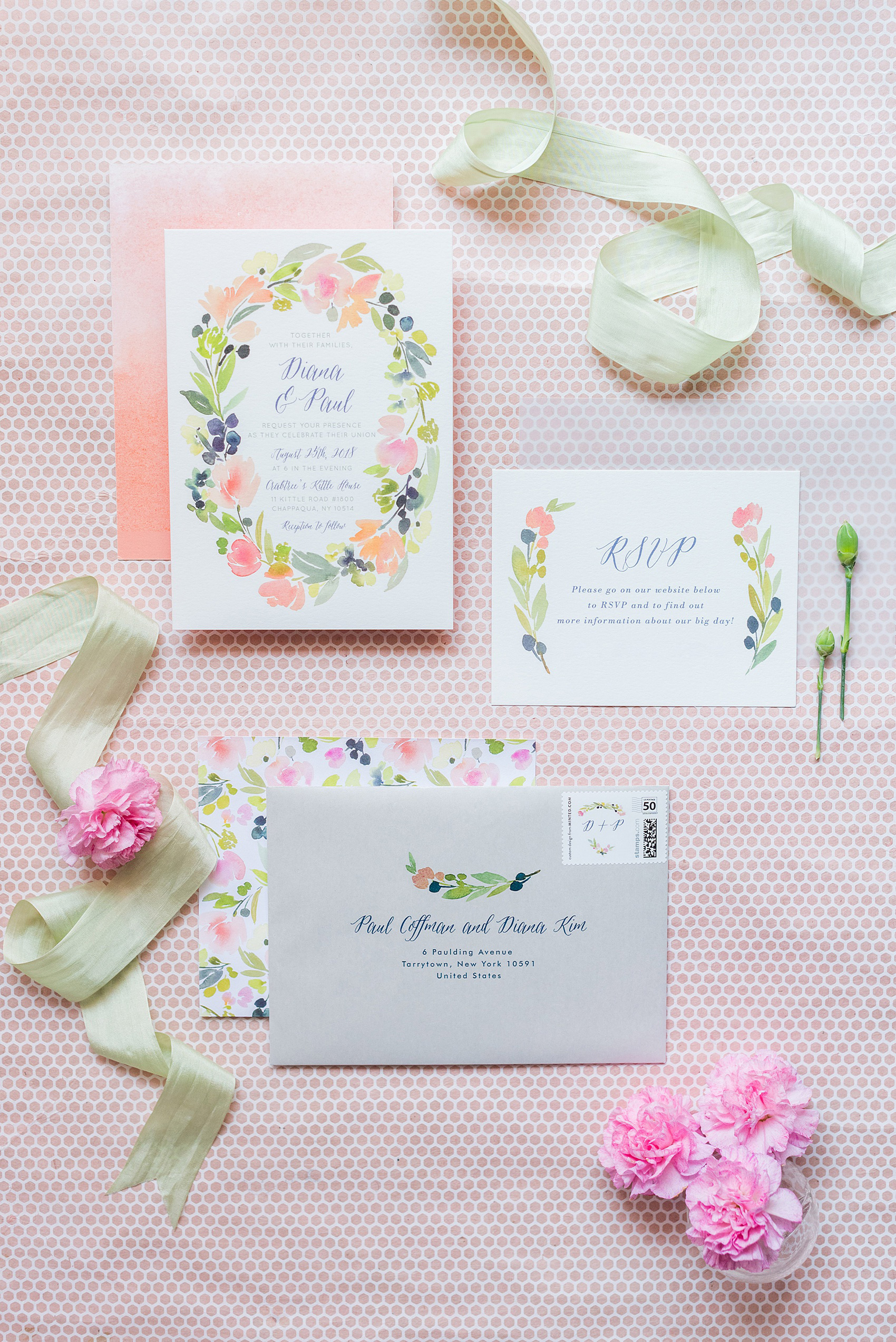Wedding photos at Crabtree's Kittle House in Chappaqua, New York by Mikkel Paige Photography. This detail image shows the bride and groom's watercolor inspired invitation from Minted with silver envelopes, matching custom stamps and special liner. Click through to see more details from this gorgeous day! #mikkelpaige #CrabtreesKittleHouse #WestchesterWeddingVenues #WestchesterWedding #summerwedding #weddingdetails #weddinginvitation #mintedinvitation #watercolorinvitation #weddingstationery