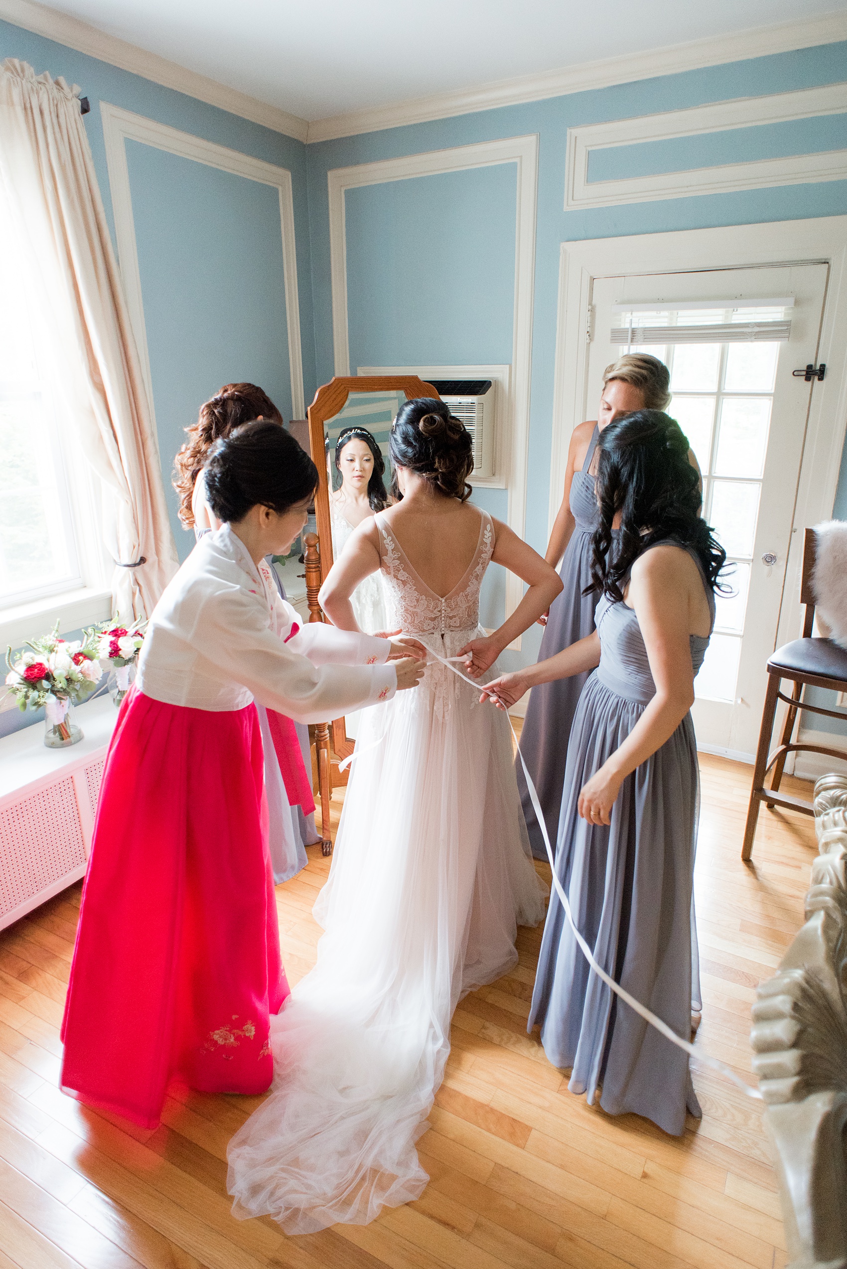 Wedding photos at Crabtree's Kittle House in Chappaqua, New York by Mikkel Paige Photography. The bride, her mother and bridesmaids got ready on location at this Westchester County historic home. Click through to see more photos from this gorgeous day! #mikkelpaige #CrabtreesKittleHouse #AsianWeddingTraditions #WestchesterWeddingVenues #WestchesterWedding #summerwedding #weddingdetails #bride #gettingready #weddinggettingready #historichome 