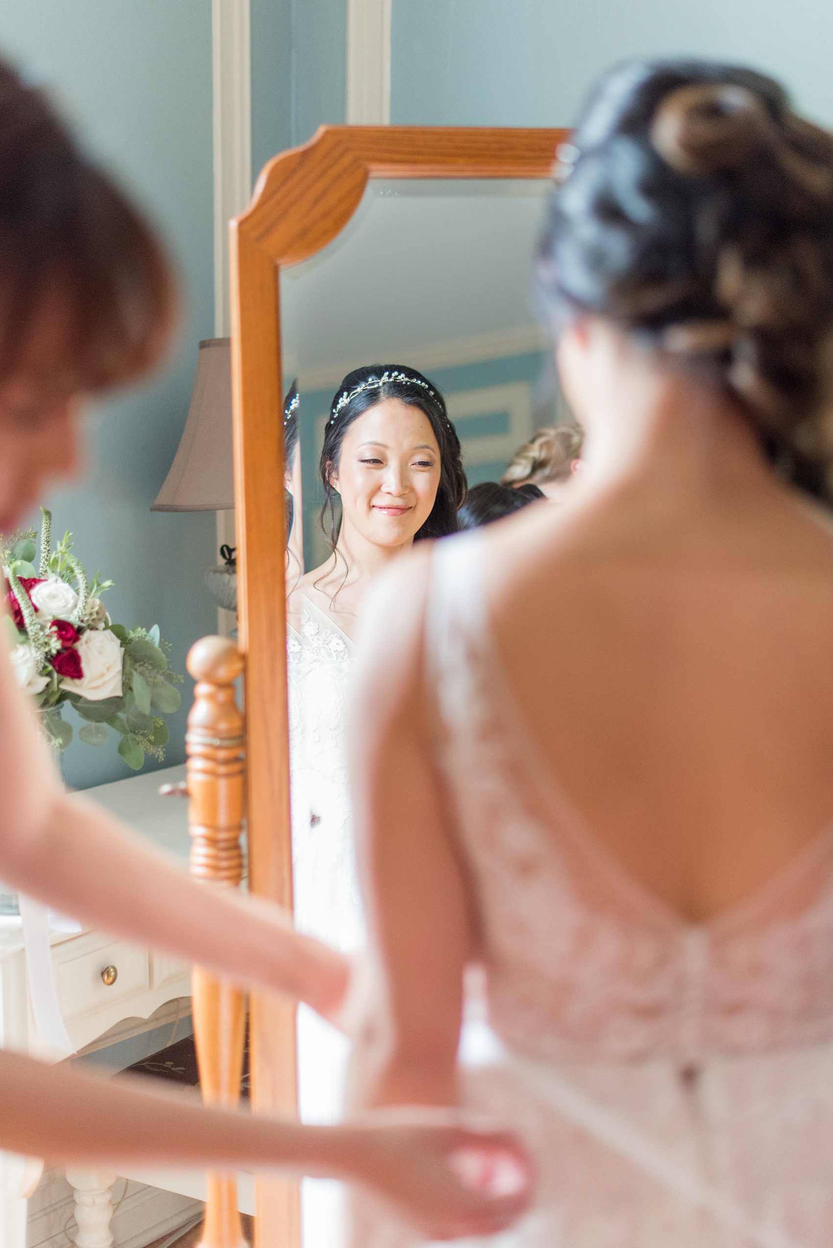 Wedding photos at Crabtree's Kittle House in Chappaqua, New York by Mikkel Paige Photography. The bride, her mother and bridesmaids got ready on location at this Westchester County historic home. Click through to see more photos from this gorgeous day! #mikkelpaige #CrabtreesKittleHouse #AsianWeddingTraditions #WestchesterWeddingVenues #WestchesterWedding #summerwedding #weddingdetails #bride #gettingready #weddinggettingready #historichome 