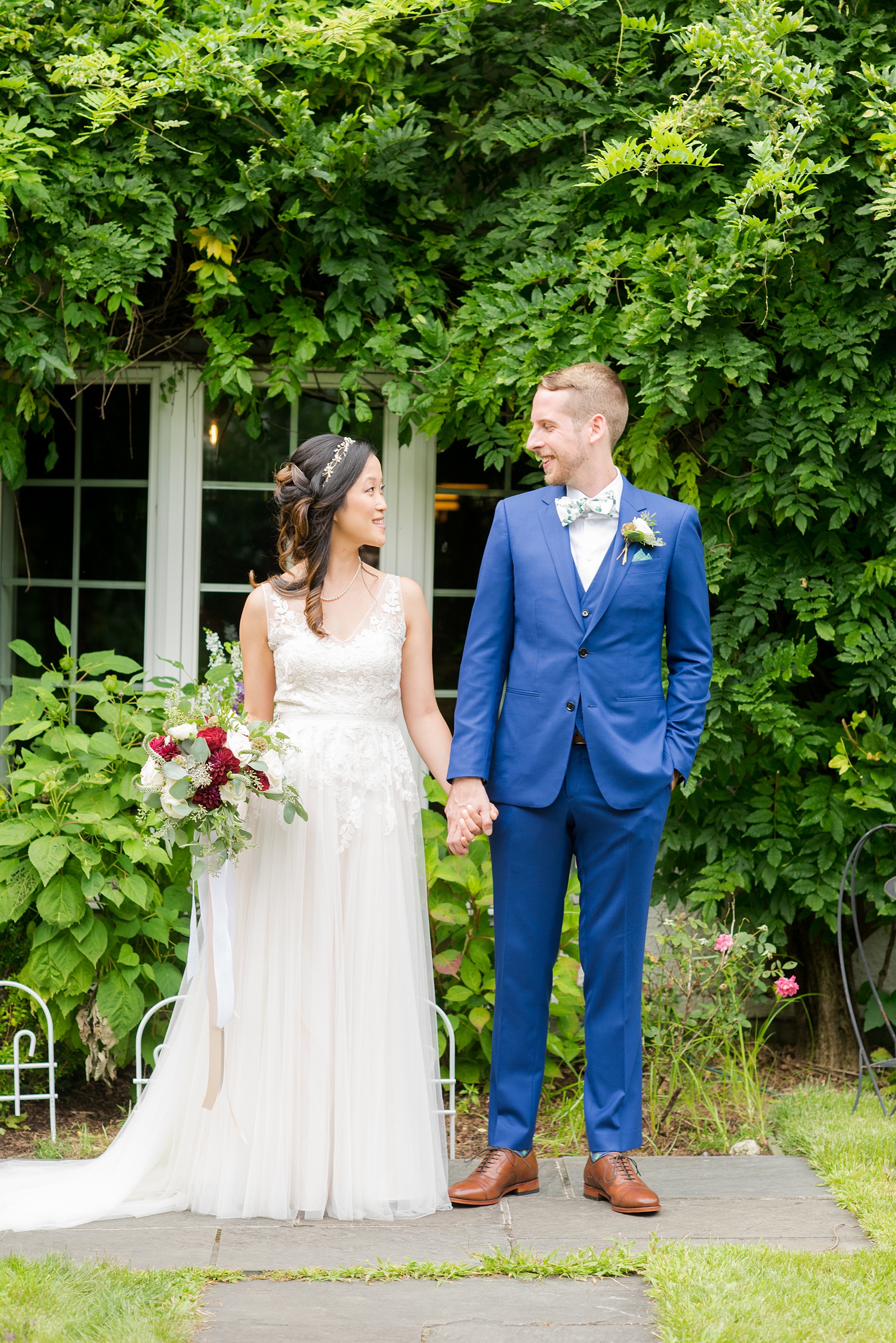Wedding photos at Crabtree's Kittle House in Chappaqua, New York by Mikkel Paige Photography. This venue in Westchester county has the perfect elegance of a rustic home and garden very close to NYC. The bride wore a gown from BHLDN and groom a custom blue Indochino suit. #bluesuit #BHLDNgown #mikkelpaige #CrabtreesKittleHouse #WestchesterWeddingVenues #WestchesterWedding #summerwedding 