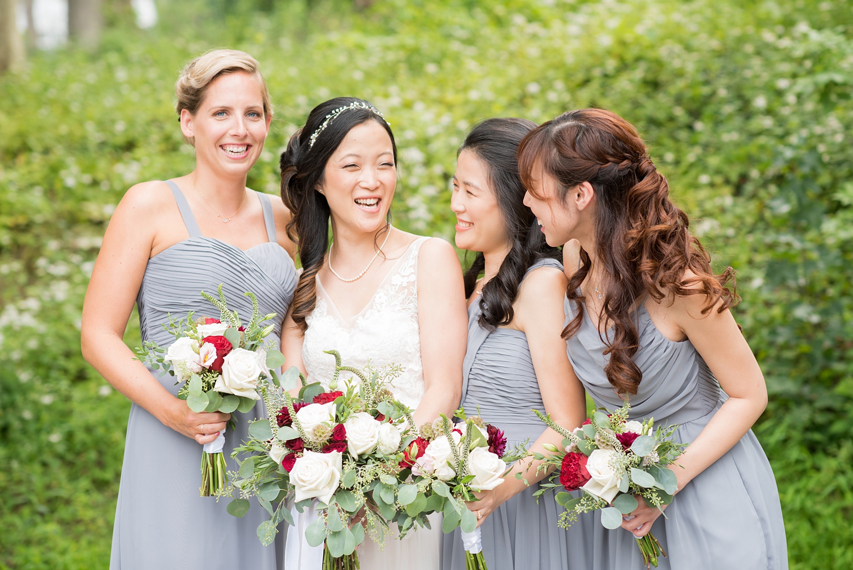 Wedding photos at Crabtree's Kittle House in Chappaqua, New York by Mikkel Paige Photography. This venue in Westchester county was a beautiful location to capture summer bridal party pictures, with the bridesmaids in grey gowns. The historic home is very close to NYC. Click through for more wedding inspiration from their day! #mikkelpaige #CrabtreesKittleHouse #WestchesterWeddingVenues #WestchesterWedding #AsianBride #summerwedding #brideandgroom #weddingparty #bridalparty #greybridesmaidsdresses #greybridesmaidsgowns 