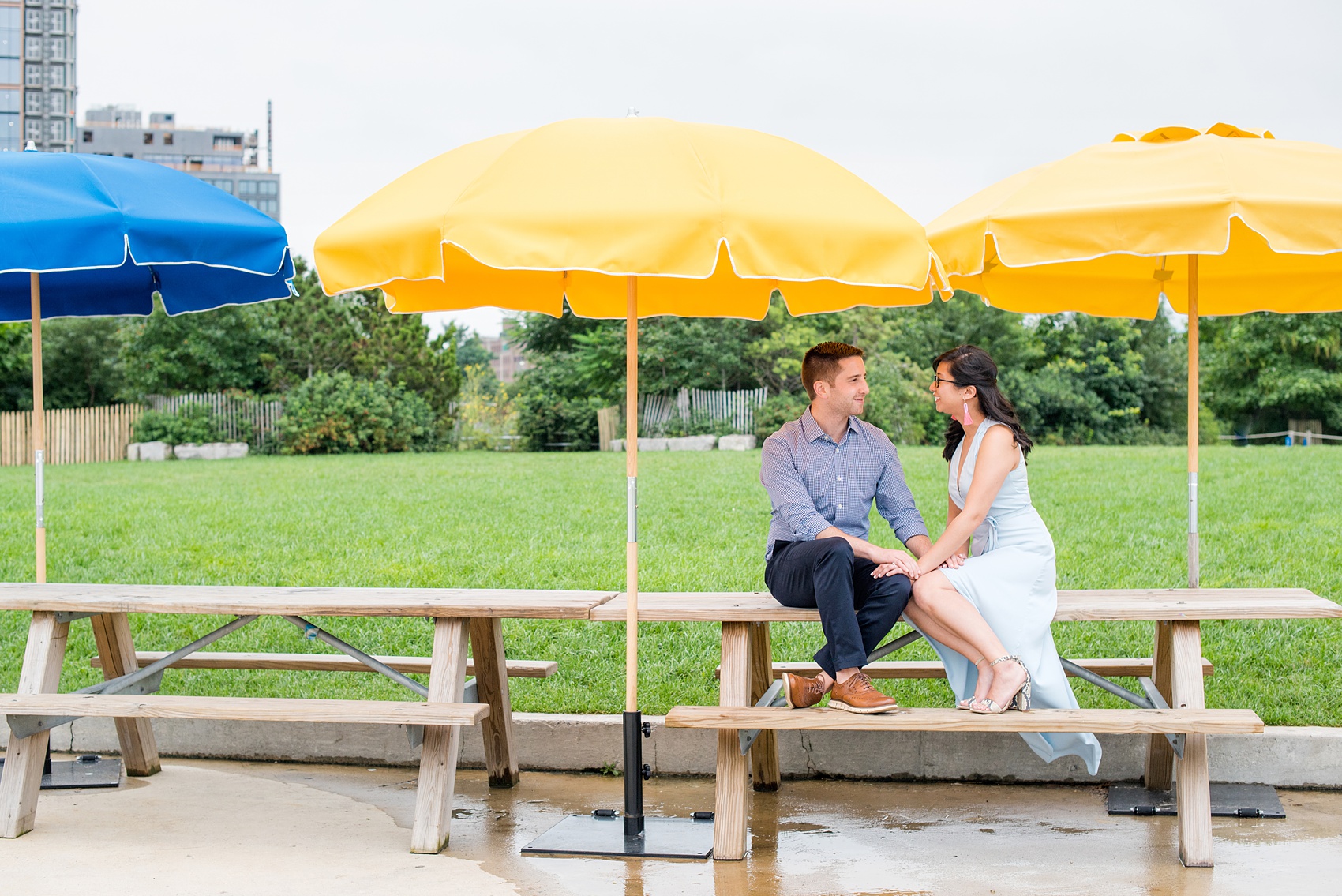 Brooklyn engagement photos by Mikkel Paige Photography. These beautiful, love-filled images in the park overlook bridges, the Manhattan skyline and waterfront on Piers 5 and 6. They'll provide inspiration from the bride and groom for outfits, romantic picture ideas and all around feel-good smiles! Click through to see their complete session post! #mikkelpaige #NYCweddingphotographer #NYCengagementsession #brooklynengagementphotos #engagementphotosinBrooklyn #BrooklynBridgePark #BrooklynPiers #ManhattanSkyline #BrooklynBridge #cityengagementphotos