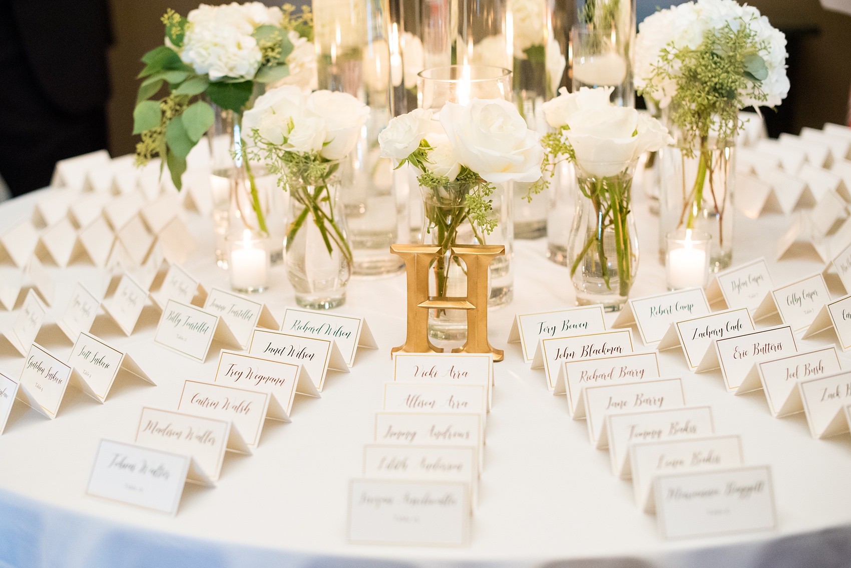 Pictures by Mikkel Paige Photography of a wedding in Durham, North Carolina. Beautiful hydrangea flowers adorned the reception area that overlooked a pretty garden-like golf course. Guests found their seats with classic black and white escort cards that matched the couple’s invitation stationery. Click through to our website for the complete post! #durhamNC #northcarolinawedding #golfcoursewedding #CountryClub #DurhamWedding #summerwedding #escortcardtable #placecards #EscortCards