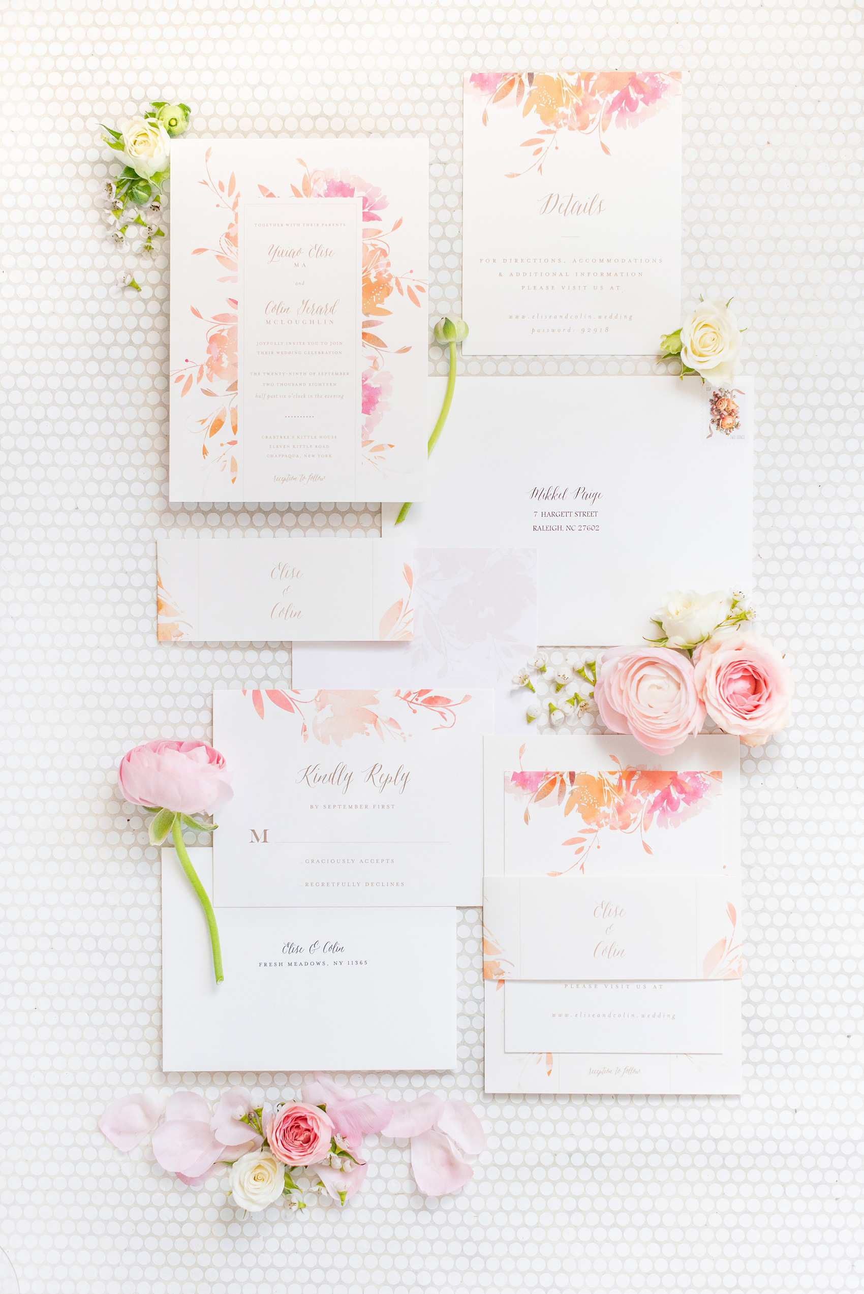 Fall wedding details at Crabtree's Kittle House in Chappaqua, New York by Mikkel Paige Photography. This country venue in Westchester county is the perfect place for amazing photos of details, including the couple’s affordable stationery and invitations with colorful orange, pink and white watercolor elements. Click through for more inspiration from their day! #weddingdetails #weddinginvitation #watercolorinvitation #mikkelpaige #CrabtreesKittleHouse #WestchesterWeddingVenues #fallwedding