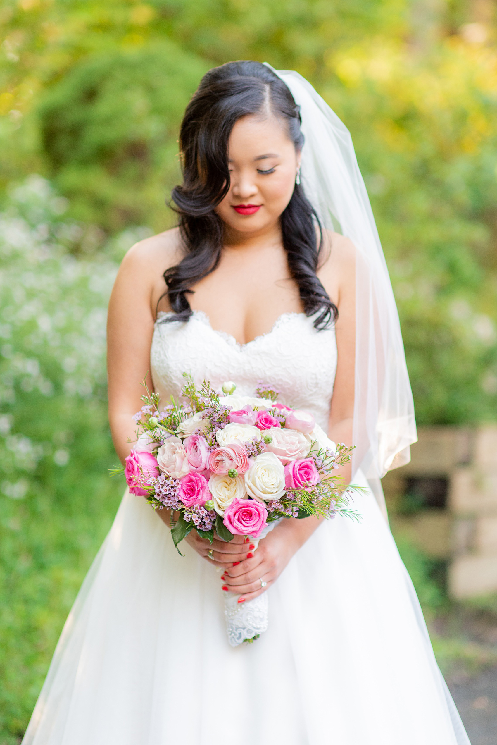 Fall wedding photos at Crabtree's Kittle House in Chappaqua, New York by Mikkel Paige Photography. This venue in Westchester county was the perfect place with a country vibe to capture the bride’s portraits. She had timeless style and wore a strapless lace & tulle dress and wore baby’s breath in her half-up do hair. Click through for more pictures & ideas from her day! #mikkelpaige #CrabtreesKittleHouse #WestchesterWeddingVenues #WestchesterWedding #SeptemberWedding #bride #NYwedding #AsianBride