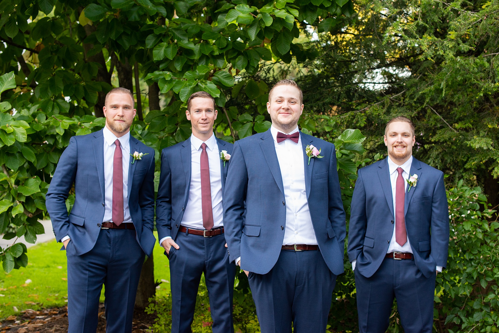 Wedding photos at Crabtree's Kittle House in Chappaqua, New York by Mikkel Paige Photography. This venue in Westchester county was the perfect place to capture their groomsmen photos in a country setting, with the groomsmen in custom navy blue suits with burgundy ties. The historic home is very close to NYC. Click through for more fall wedding inspiration from their day! #bluesuit #mikkelpaige #CrabtreesKittleHouse #WestchesterWeddingVenues #WestchesterWedding #SeptemberWedding #weddingparty #groomsmen #navysuits #customsuits #groom