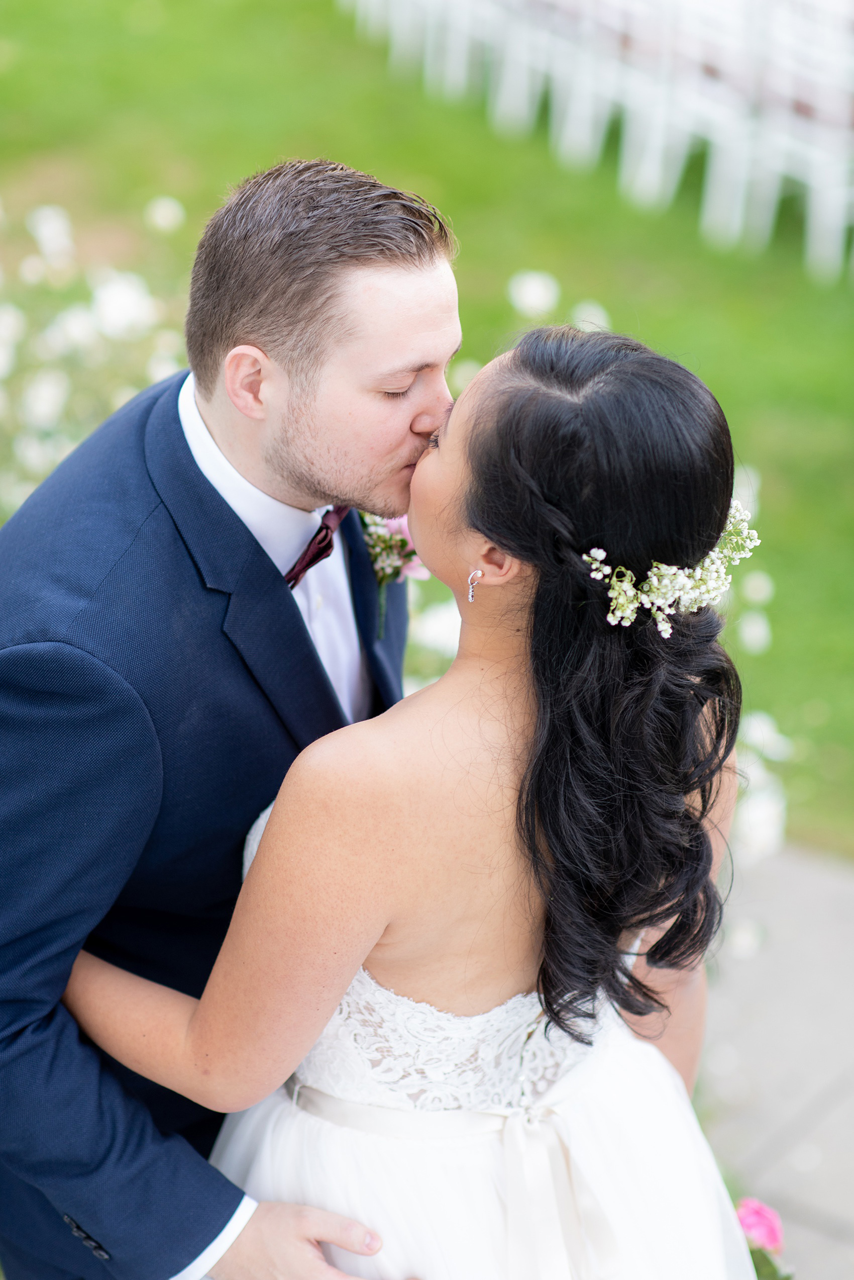 Fall wedding photos at Crabtree's Kittle House in Chappaqua, New York by Mikkel Paige Photography. This venue in Westchester county was the perfect place with a country vibe to capture the bride and groom photos. The bride had timeless style with her strapless lace and tulle dress and the groom wore a custom navy blue suit. Click through for more pictures and ideas from their day! #mikkelpaige #CrabtreesKittleHouse #WestchesterWeddingVenues #WestchesterWedding #SeptemberWedding #brideandgroom #NYwedding