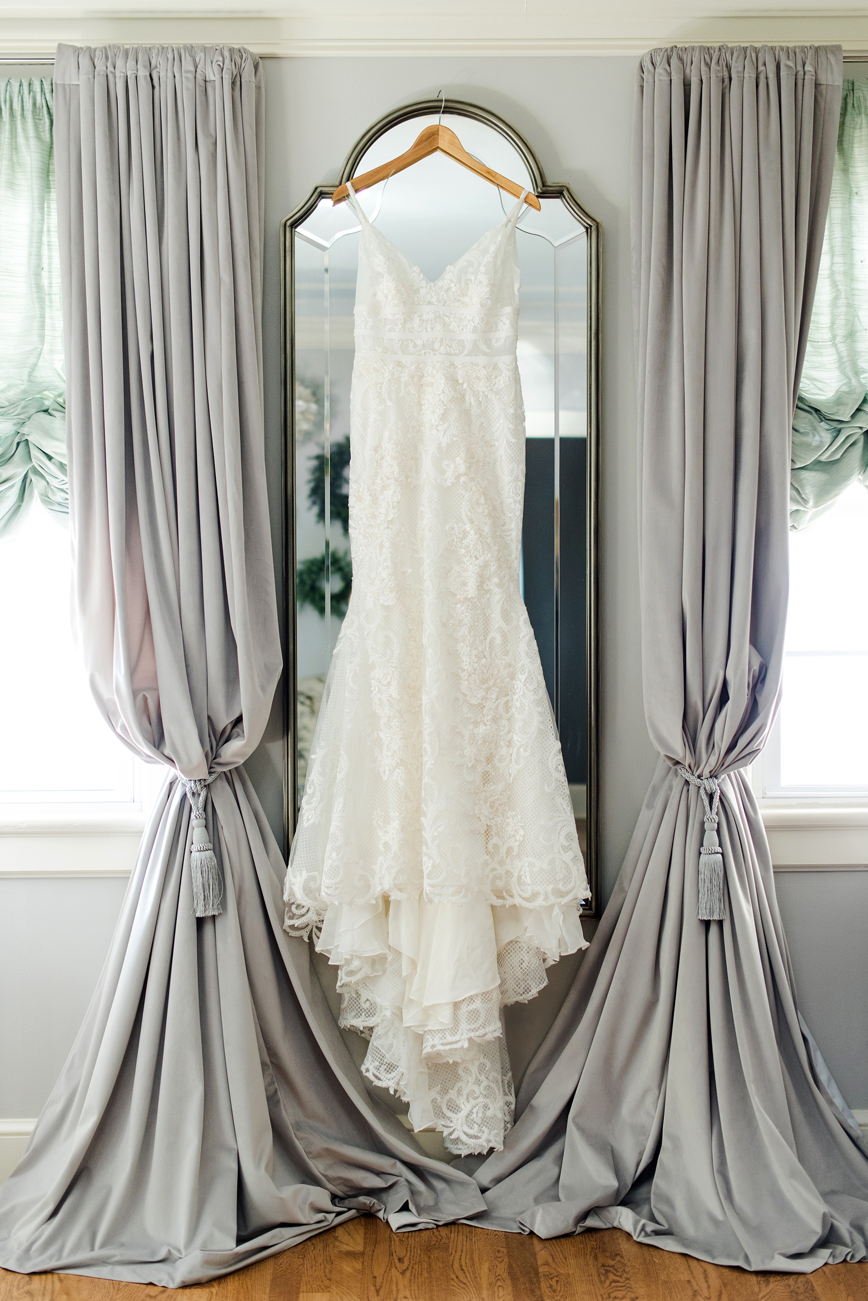 Highgrove Estate wedding photos in North Carolina by Mikkel Paige Photography. These pictures show a beautiful venue and detail images in the bridal suite near Raleigh. The bride had a lace gown + chunky suede Kate Spade shoes to match her pink and green wedding, planned by @asouthernsoiree. Click through for more details like this from their celebration! #NorthCarolinaVenues #WeddingVenues #MikkelPaige #ASouthernSoiree #weddingdetails #weddingshoes #pinkweddingdetails