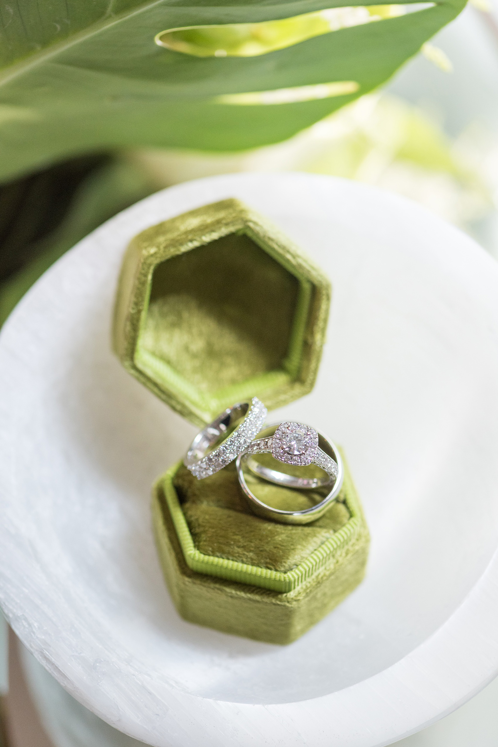 Highgrove Estate wedding photos in North Carolina by Mikkel Paige Photography. These pictures show a beautiful venue and detail images in the bridal suite near Raleigh. This couple had colorful elements with pink and green touches, planned by @asouthernsoiree. The rings are pictured in a moss velvet ring box. Click through for more details like this from their celebration! #NorthCarolinaVenues #WeddingVenues #MikkelPaige #ASouthernSoiree #velvetringbox #weddingrings #weddingdetails