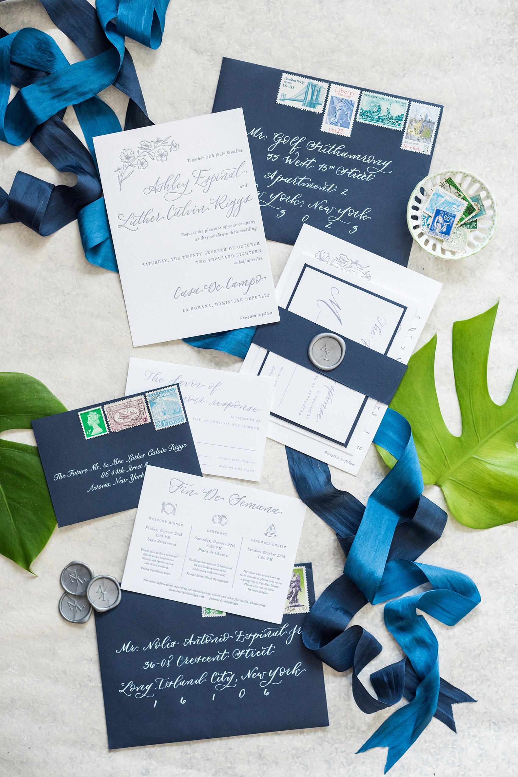 Casa de Campo in the Dominican Republic is a great location for a destination wedding. It’s in La Romana, an hour from Punta Cana, and is an all inclusive resort with Minitas beach and mountains view. It’s a beautiful venue, evidenced by these pictures by Mikkel Paige Photography. Click through for detail ideas like this blue invitation set with custom calligraphy! Planning by @theeventeur, invitation by @agianetti of Write Pretty for Me. #mikkelpaige #bluewedding #weddinginvitation #letterpress #waxseal #customcalligraphy #vintagestamps #silkribbons