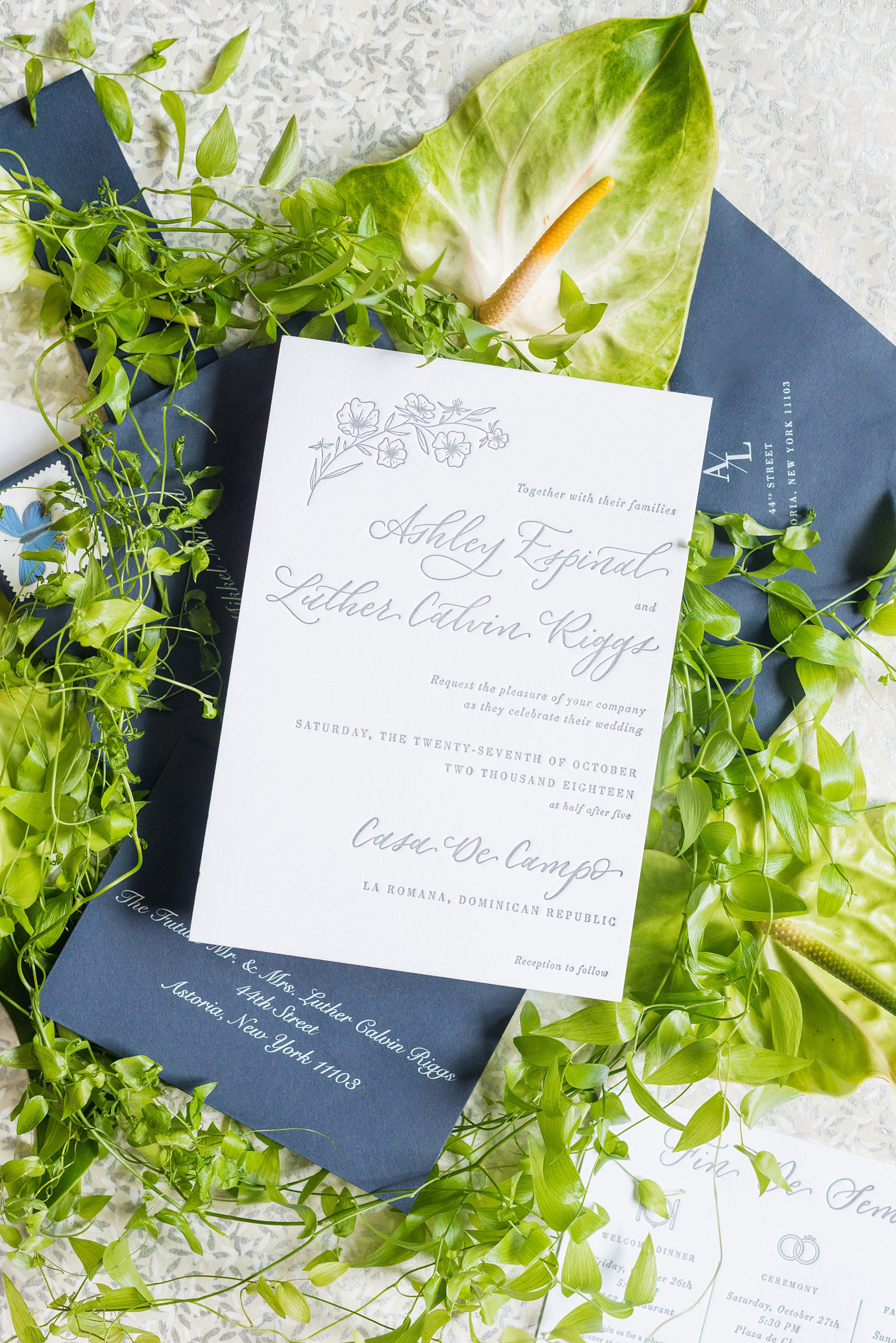 Casa de Campo in the Dominican Republic is a great location for a destination wedding. It’s in La Romana, an hour from Punta Cana, and is an all inclusive resort with Minitas beach and mountains view. It’s a beautiful venue, evidenced by these pictures by Mikkel Paige Photography. Click through for detail ideas like this blue invitation set with custom calligraphy! Planning by @theeventeur, invitation by @agianetti of Write Pretty for Me. #mikkelpaige #bluewedding #weddinginvitation #letterpress #waxseal #customcalligraphy #vintagestamps #silkribbons