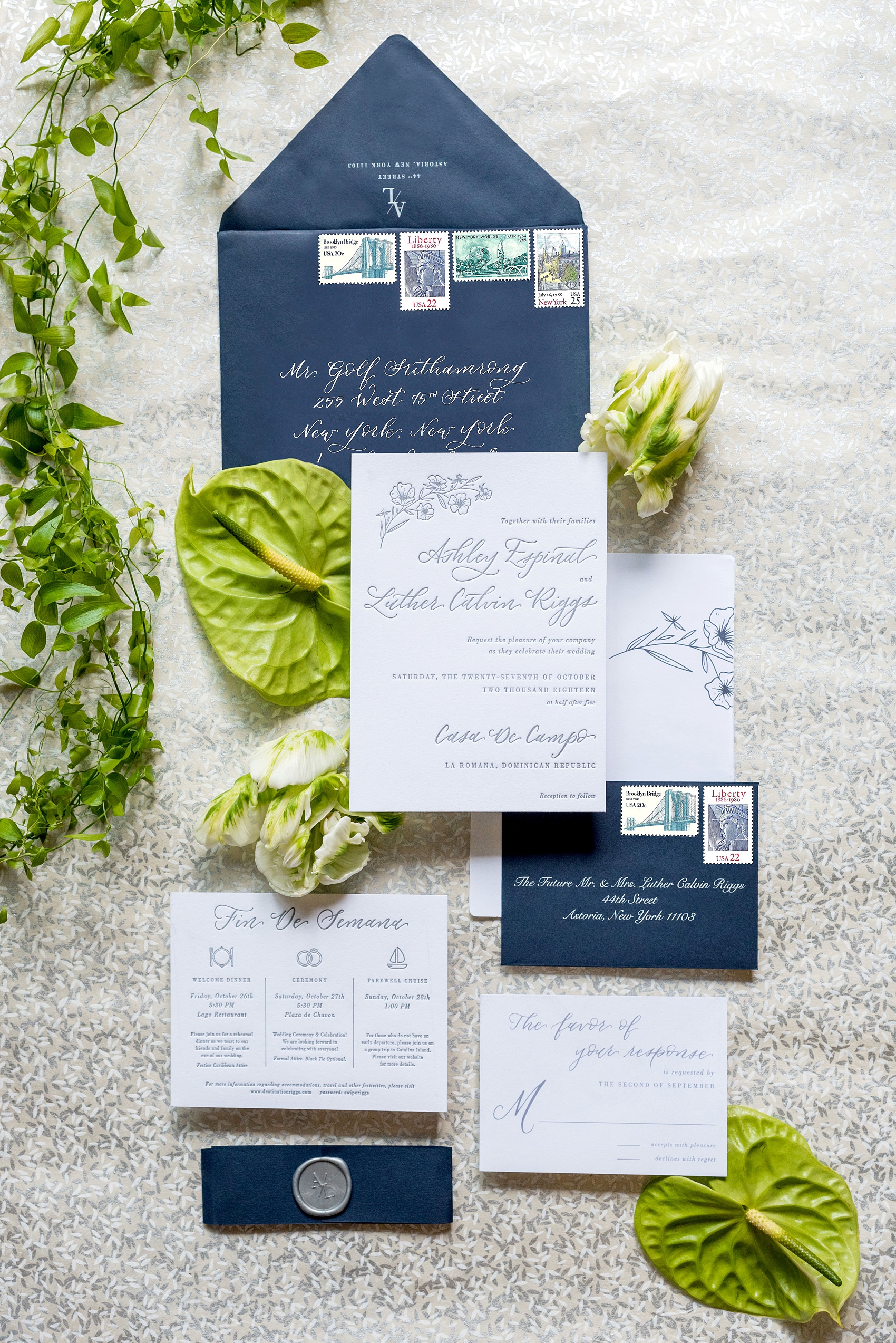 Casa de Campo in the Dominican Republic is a great location for a destination wedding. It’s in La Romana, an hour from Punta Cana, and is an all inclusive resort with Minitas beach and mountains view. It’s a beautiful venue, evidenced by these pictures by Mikkel Paige Photography. Click through for detail ideas like this blue invitation set with custom calligraphy! Planning by @theeventeur, invitation by @agianetti of Write Pretty for Me. #mikkelpaige #bluewedding #weddinginvitation #letterpress #waxseal #customcalligraphy #vintagestamps #silkribbons