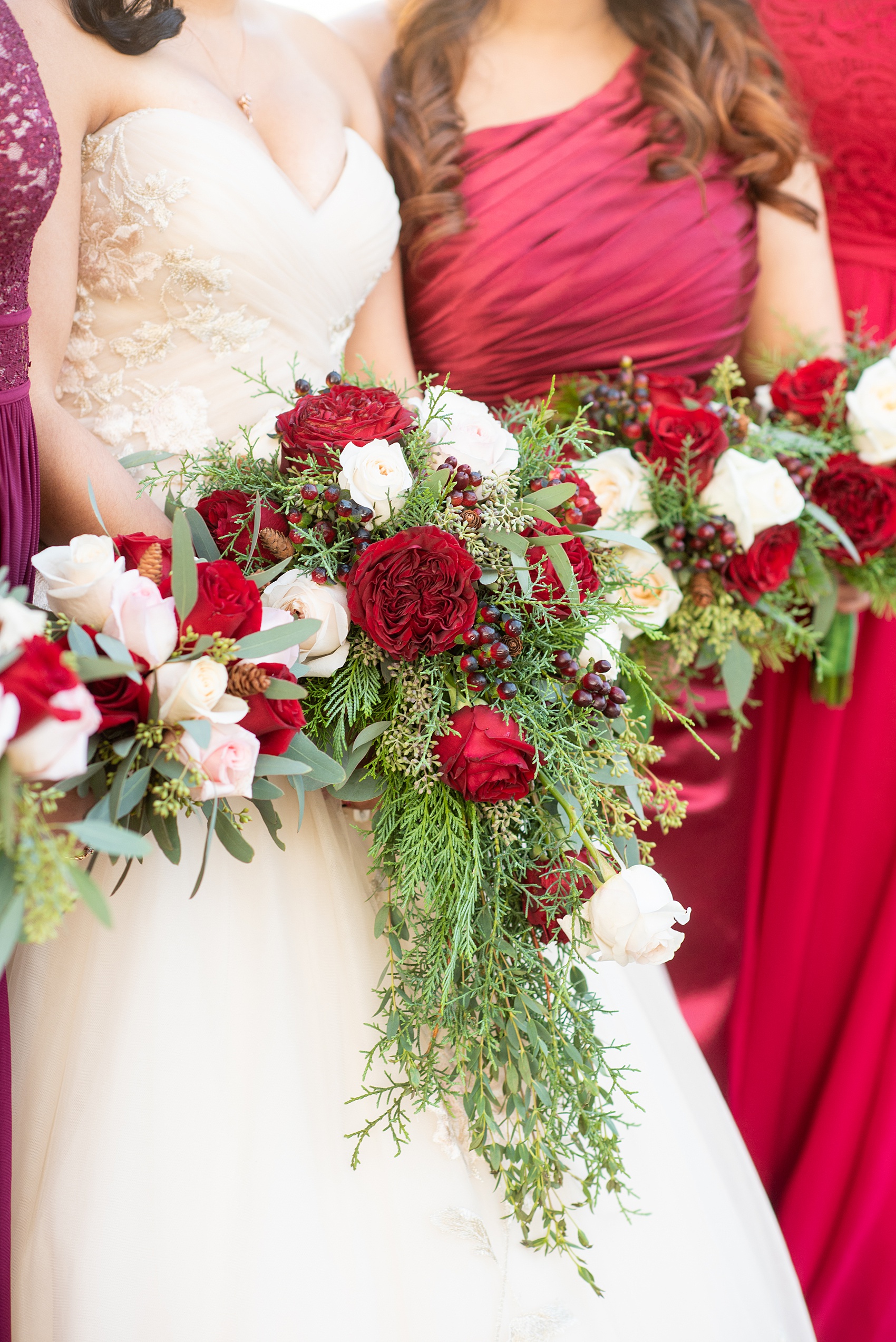 Walt Disney World wedding photos by Mikkel Paige Photography. The pictures were taken at a December wedding when the Grand Floridian and Wedding Pavilion were decorated with holiday flowers and twinkling lights! These ideas will stir a lot of inspiration for your own themed decorations whether centerpieces or bouquets. Click through for more from this fairy tale day! #mikkelpaige #disneywedding #disneyweddingphotos #disneyweddingphotographer #DisneyBride #disneyfairytalewedding