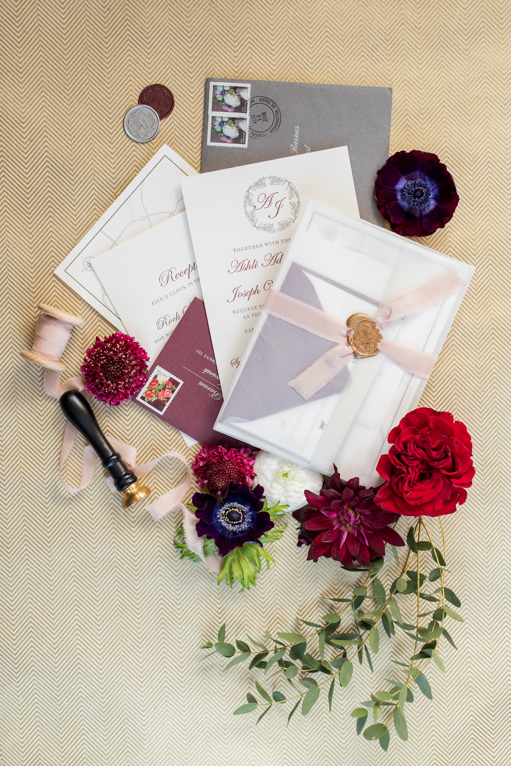 A fall wedding with burgundy, dusty rose and grey details. Mikkel Paige Photography, photographer in Greenville NC and Raleigh, captured this wedding at Rock Springs Center, planned by @vivalevent. The letterpress invitation was just the start of a beautiful day! Click through for details! #mikkelpaige NCwedding #northcarolinawedding #southernwedding #letterpress #weddinginvitation #stationery