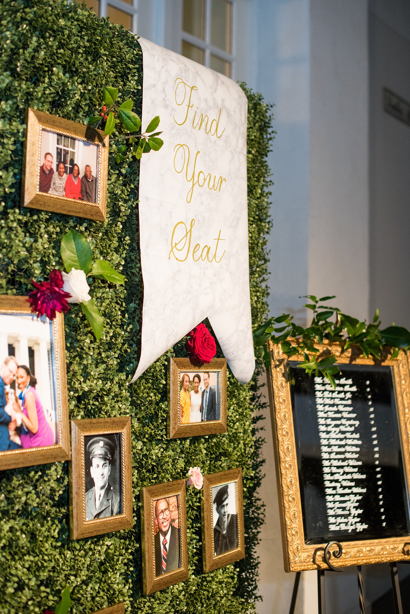 A fall wedding with burgundy, dusty rose and grey details. The bride and groom had a boxwood wall of greenery, that had mirrored signs with guest seats in lieu of escort cards. Mikkel Paige Photography, photographer in Greenville NC and Raleigh captured this wedding at Rock Springs Center, planned by @vivalevent. Click through for more details and pictures from their day! #mikkelpaige #northcarolinawedding #southernwedding #weddingreception #burgundywedding #escortcards #custommirror #customsign