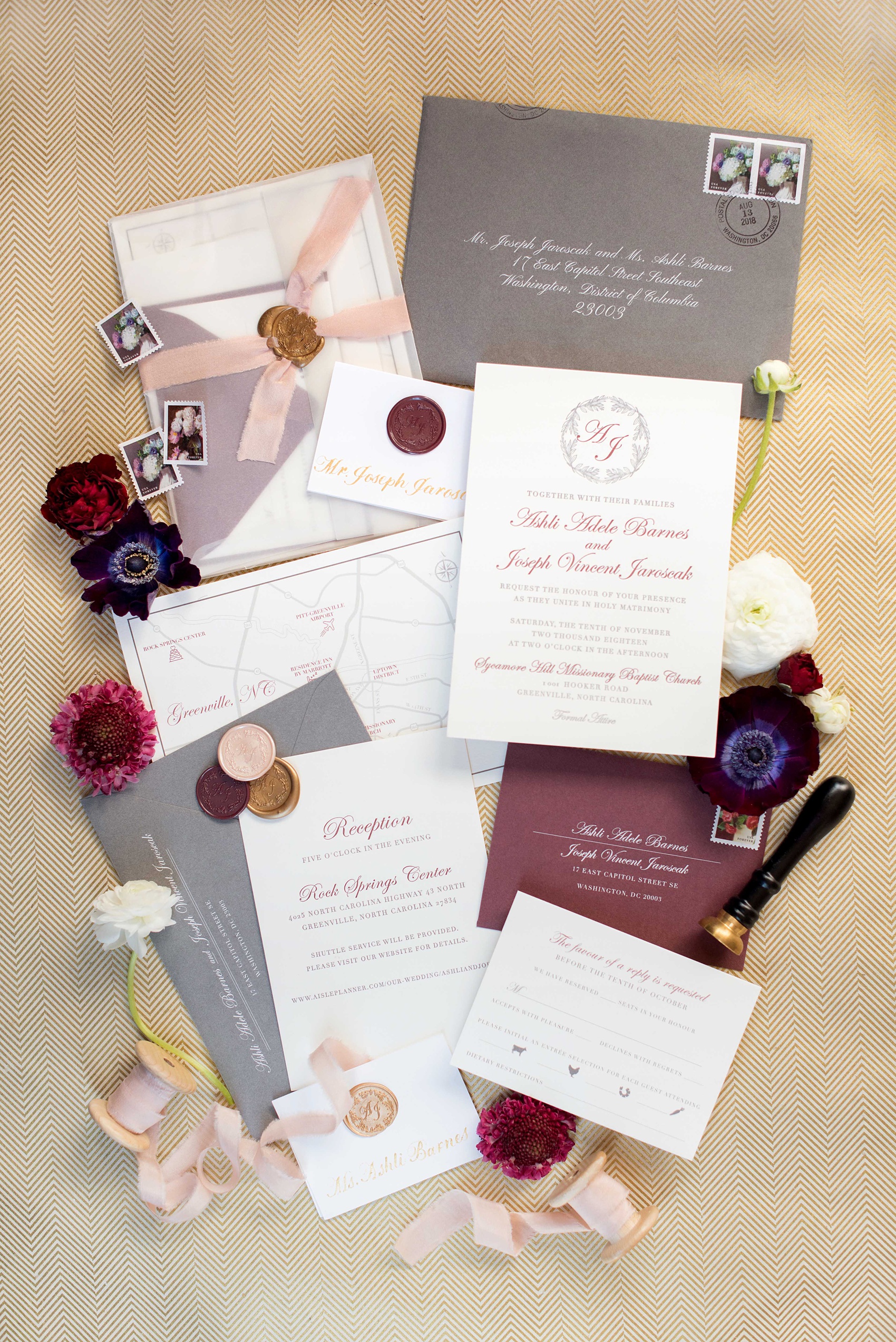 A fall wedding with burgundy, dusty rose and grey details. Mikkel Paige Photography, photographer in Greenville NC and Raleigh, captured this wedding at Rock Springs Center, planned by @vivalevent. The letterpress invitation was just the start of a beautiful day! Click through for details! #mikkelpaige NCwedding #northcarolinawedding #southernwedding #letterpress #weddinginvitation #stationery