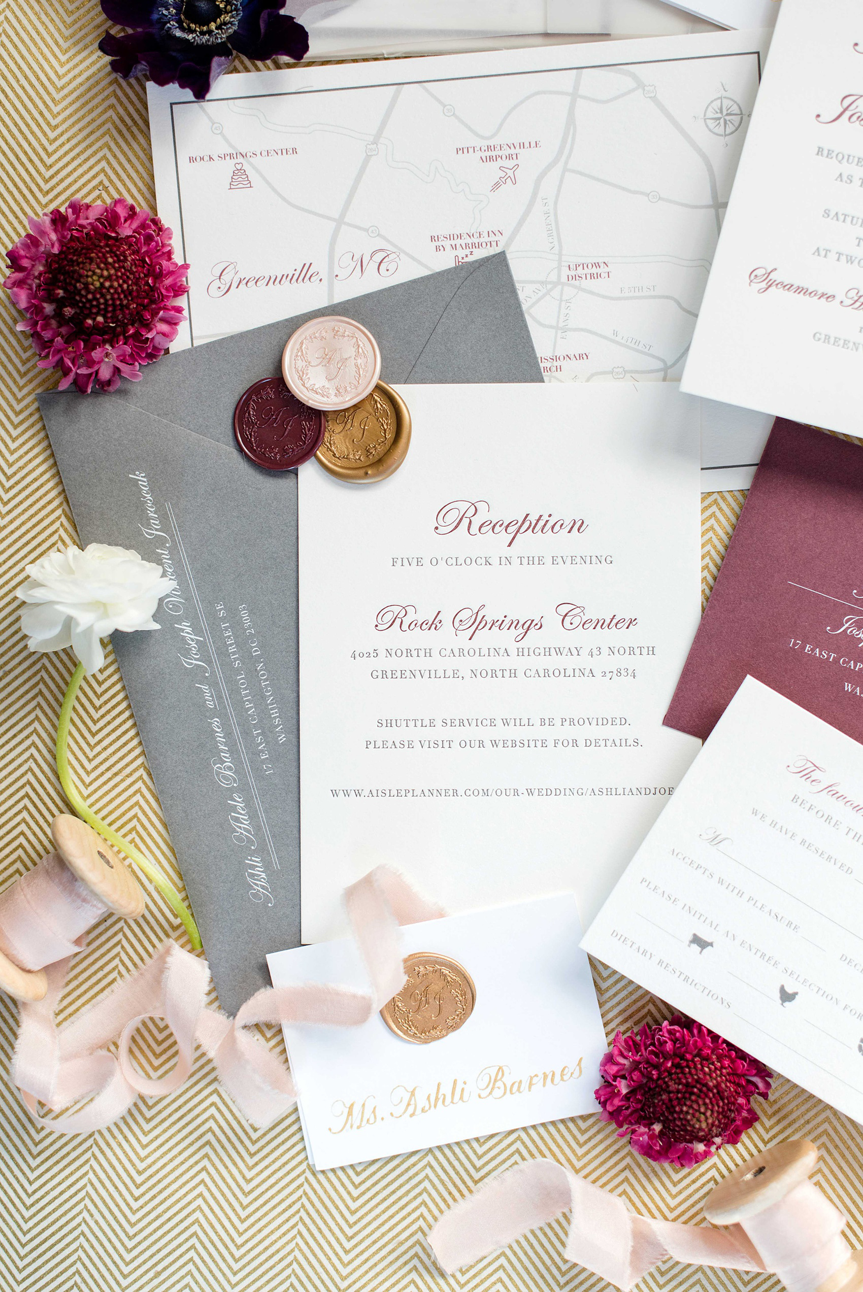 A fall wedding with burgundy, dusty rose and grey details. Mikkel Paige Photography, photographer in Greenville NC and Raleigh, captured this wedding at Rock Springs Center, planned by @vivalevent. The letterpress invitation was just the start of a beautiful day! Click through for details! #mikkelpaige NCwedding #northcarolinawedding #southernwedding #letterpress #weddinginvitation #stationery