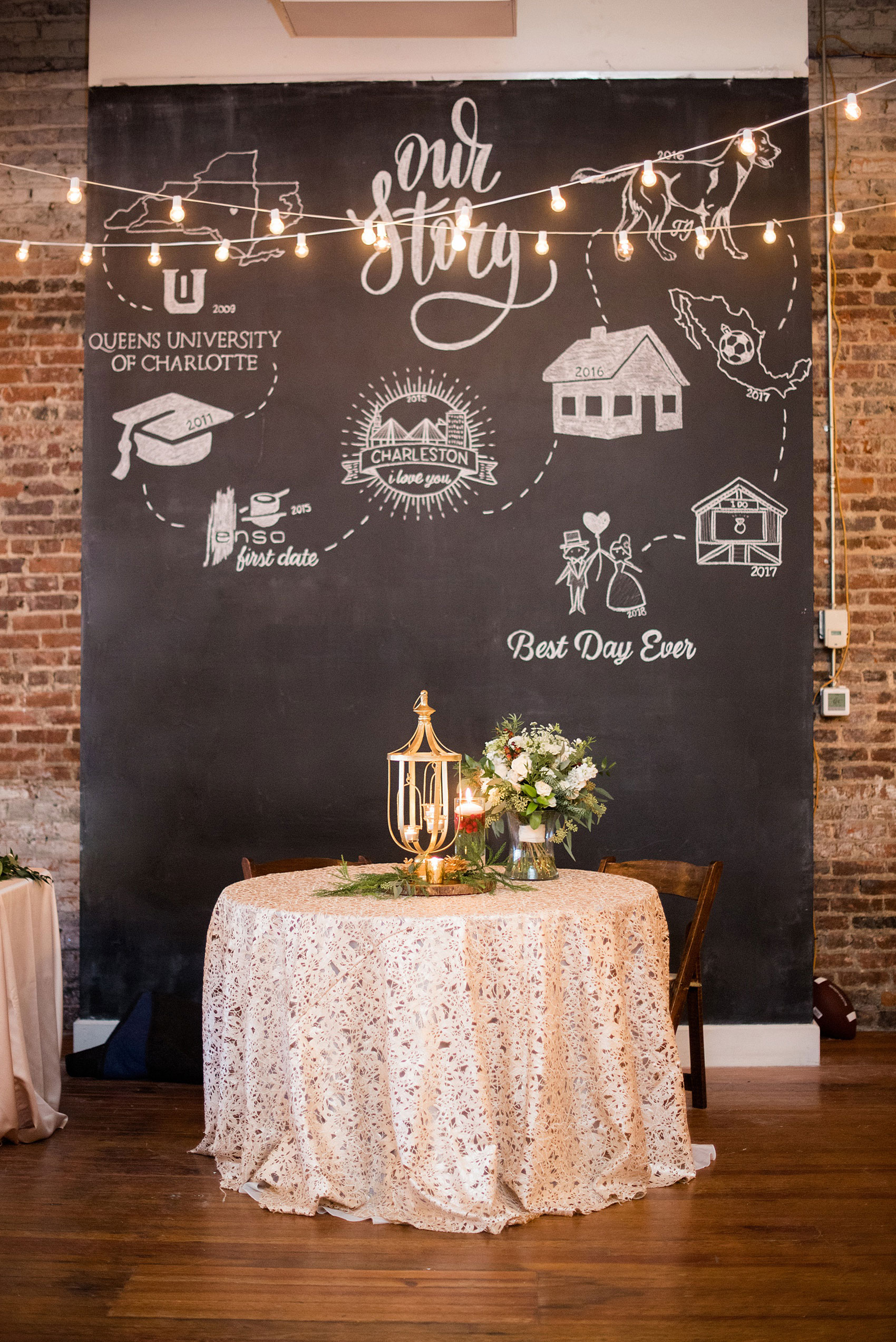 Pictures from a Christmas inspired wedding in downtown Raleigh, North Carolina by Mikkel Paige Photography. The bride and groom had a reception at The Stockroom at 230 with a chalkboard wall telling their love story by AB Chalk Designs. Click through for more ideas from their beautiful celebration with a green and gold palette! #mikkelpaige #raleighweddingphotographer #downtownRaleigh #greenandgoldwedding #holidaywedding #ChristmasWedding #Chalkboardwall #weddingchalkboards