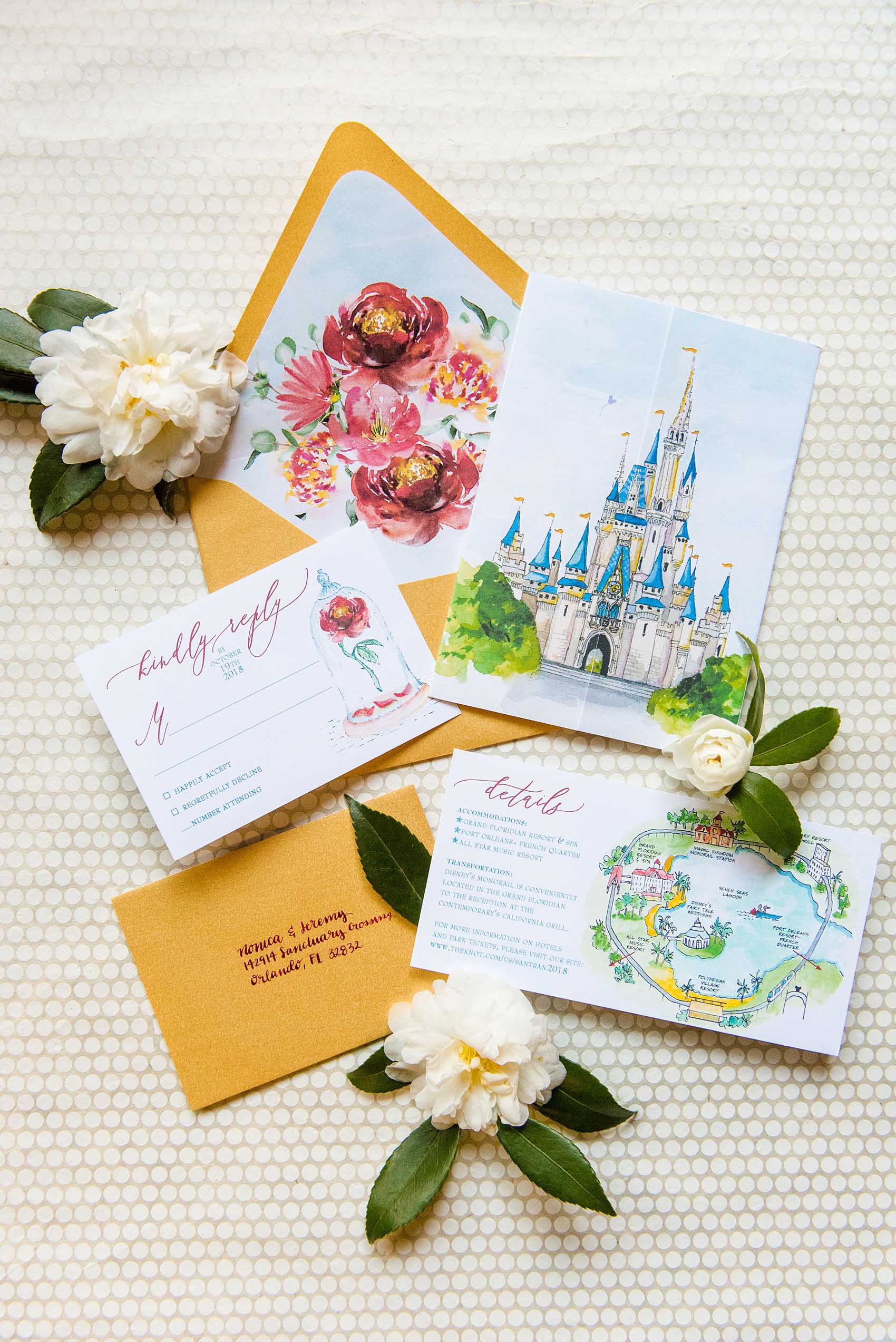 Photographs of a Walt Disney World wedding by Mikkel Paige Photography will give you ideas for a tasteful Beauty and the Beast theme. The awesome invitation had a custom watercolor by Watercolor Design Studio of the couple’s dog, Cinderella’s castle, and the Seven Seas Lagoon. The bride and groom managed beautiful details for their dream ceremony and reception even on a small budget. #disneywedding #disneybride #waltdisneyworld #DisneyWorldWedding #watercolorinvitation #disneyillustration