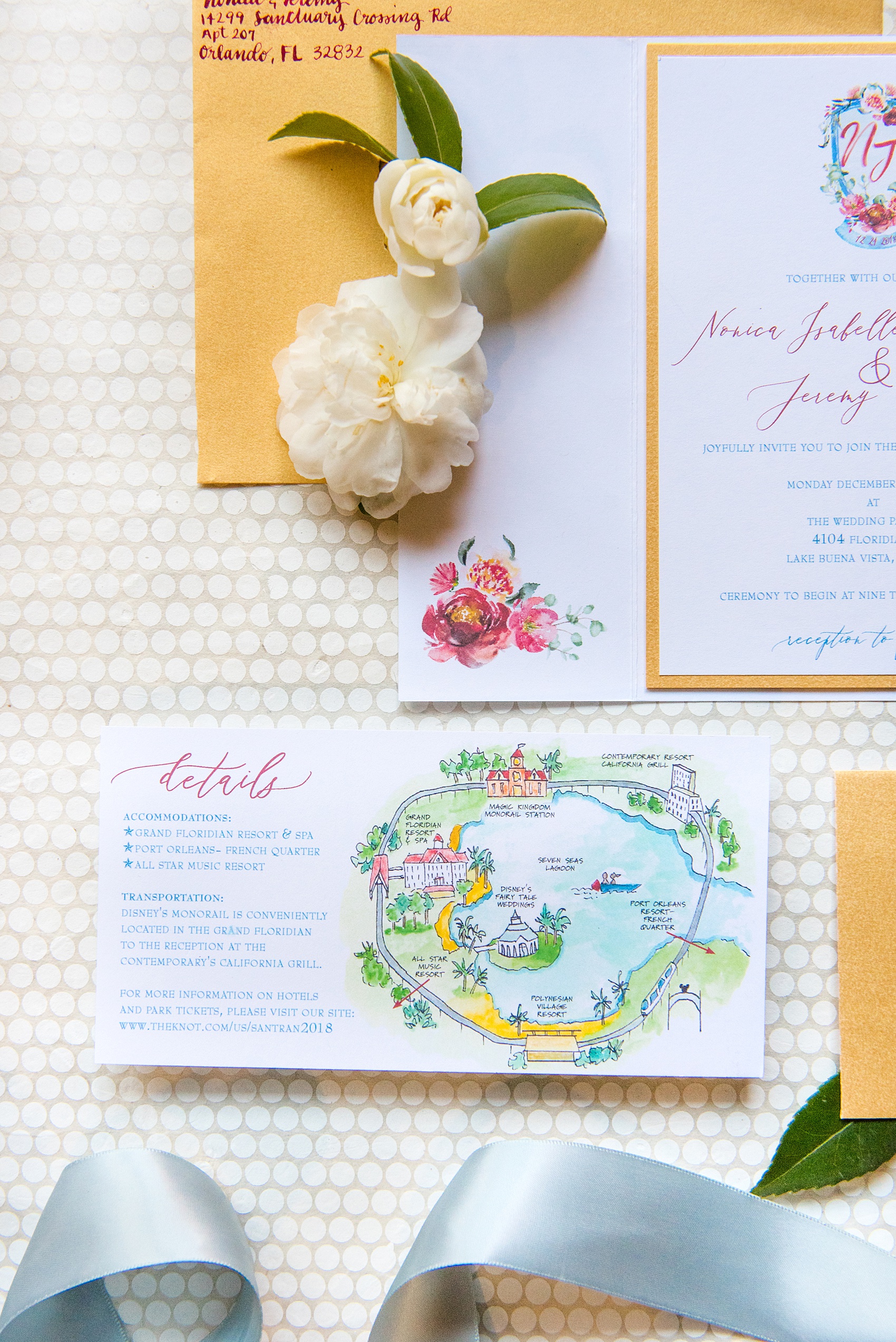 Photographs of a Walt Disney World wedding by Mikkel Paige Photography will give you ideas for a tasteful Beauty and the Beast theme. The awesome invitation had a custom watercolor by Watercolor Design Studio of the couple’s dog, Cinderella’s castle, and the Seven Seas Lagoon. The bride and groom managed beautiful details for their dream ceremony and reception even on a small budget. #disneywedding #disneybride #waltdisneyworld #DisneyWorldWedding #watercolorinvitation #disneyillustration