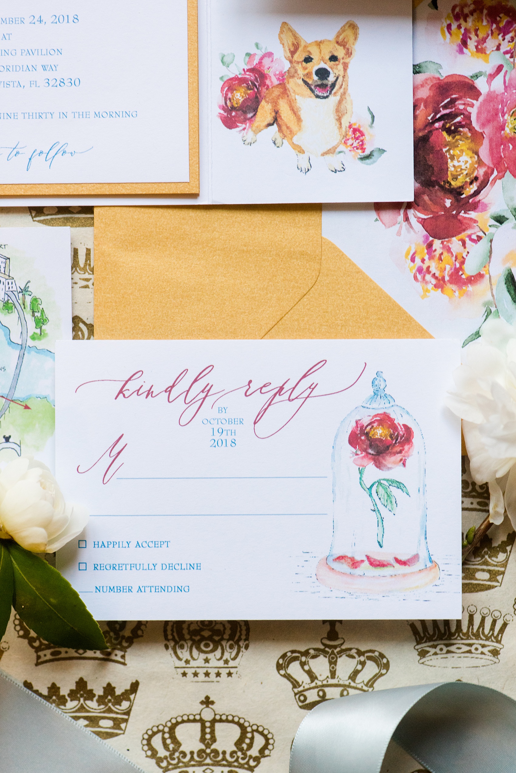 Photographs of a Walt Disney World wedding by Mikkel Paige Photography will give you ideas for a tasteful Beauty and the Beast theme. The awesome invitation had a custom watercolor by Watercolor Design Studio of the couple’s dog, Cinderella’s castle, and the Seven Seas Lagoon. The bride and groom managed beautiful details for their dream ceremony and reception even on a small budget. #disneywedding #disneybride #waltdisneyworld #DisneyWorldWedding #watercolorinvitation #disneyillustration